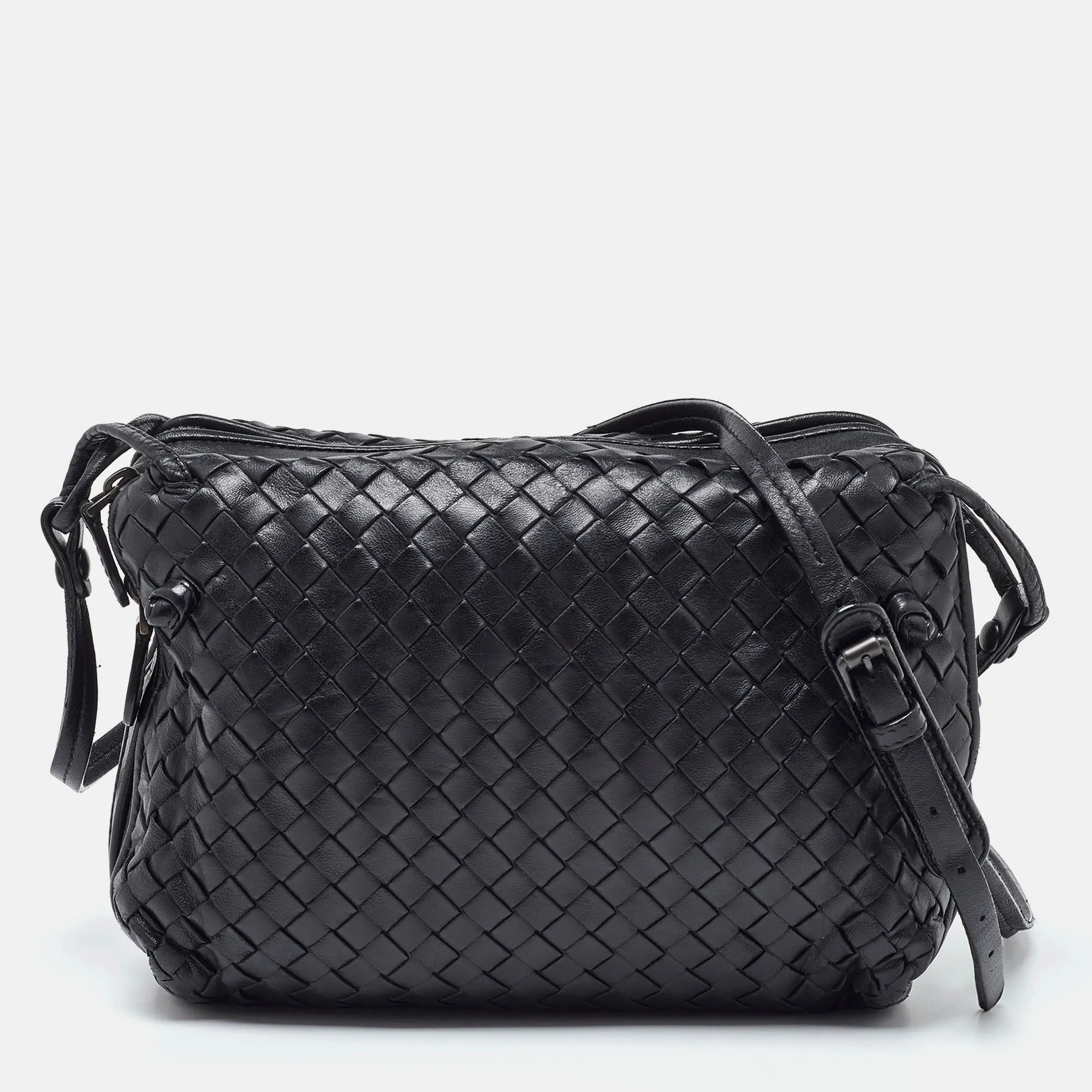 Black Intrecciato Leather Nodini Double Zip Crossbody Bag