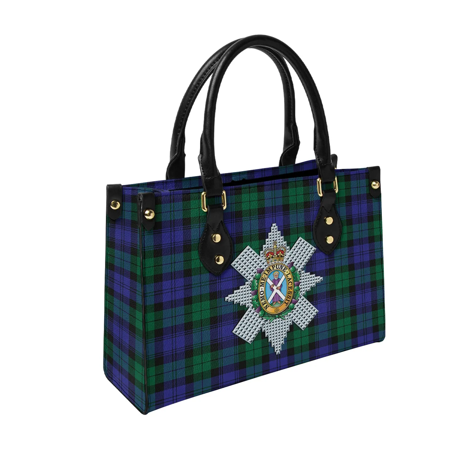 Black Watch Modern Tartan Leather Bag with Family Crest