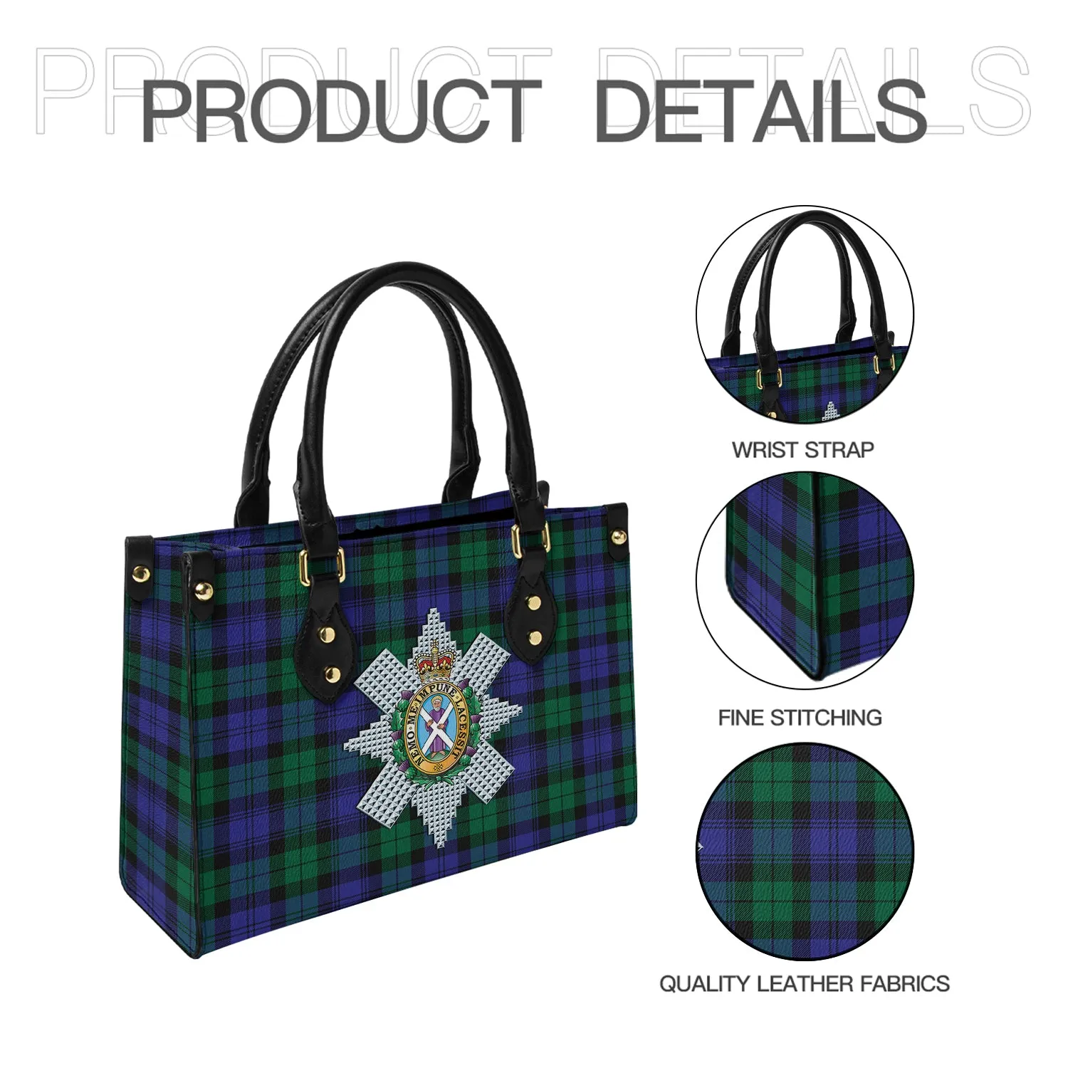 Black Watch Modern Tartan Leather Bag with Family Crest