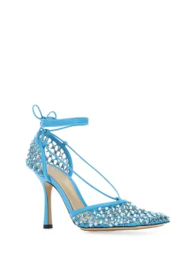 BOTTEGA VENETA Womens Blue Tie Ankle Strap Embellished Square Toe Stiletto Slip On Leather Dress Pumps Shoes