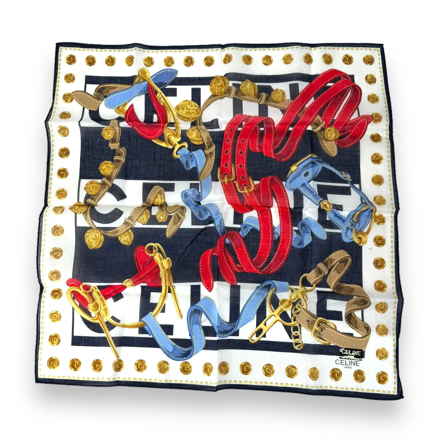 Celine Handkerchief White Gold & Blue Color Straps Printed 46x 46cm