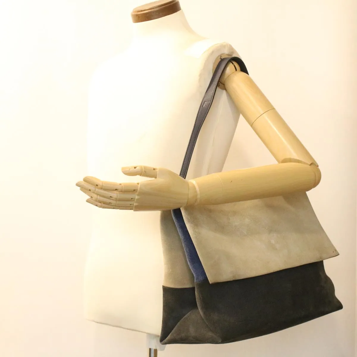 CELINE Shoulder Bag Suede Beige Blue black Auth ar8501