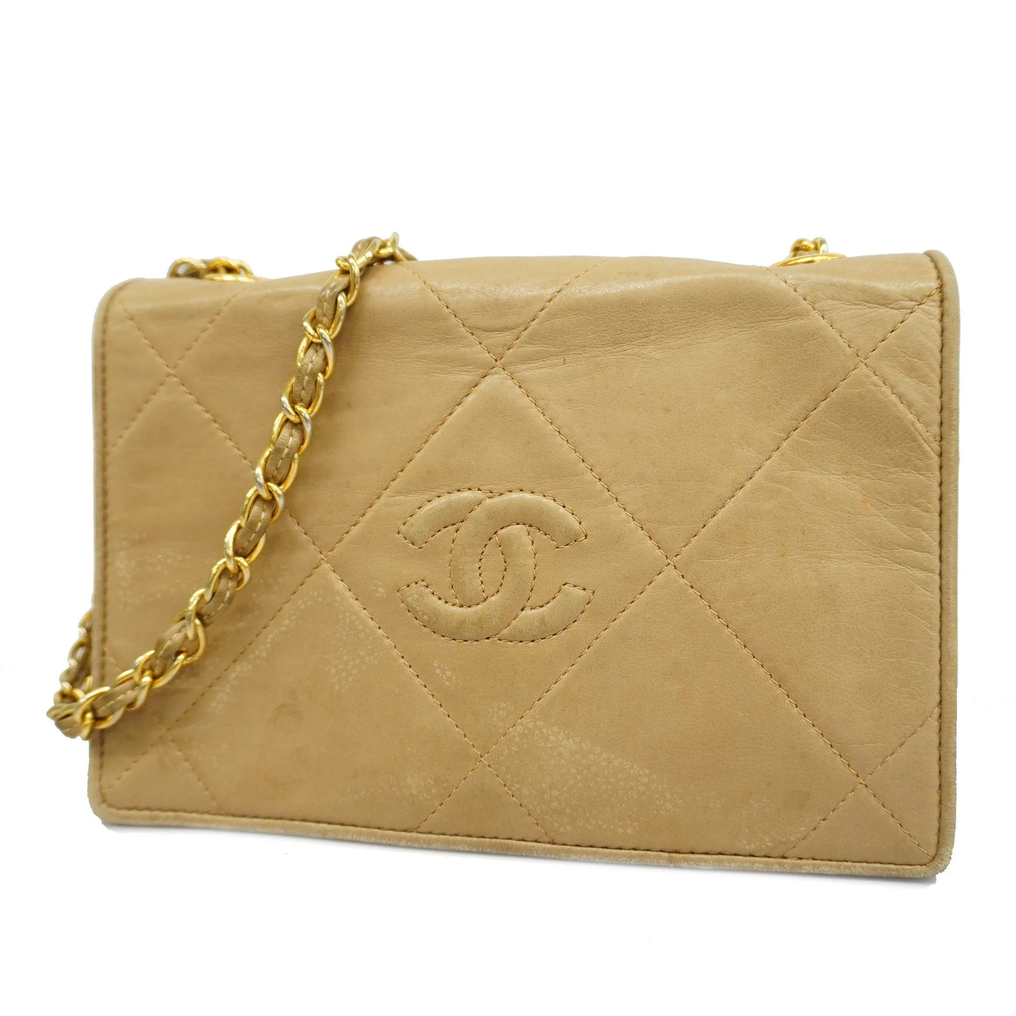 CHANEL  Matelasse Single Chain Women's Leather Shoulder Bag Beige