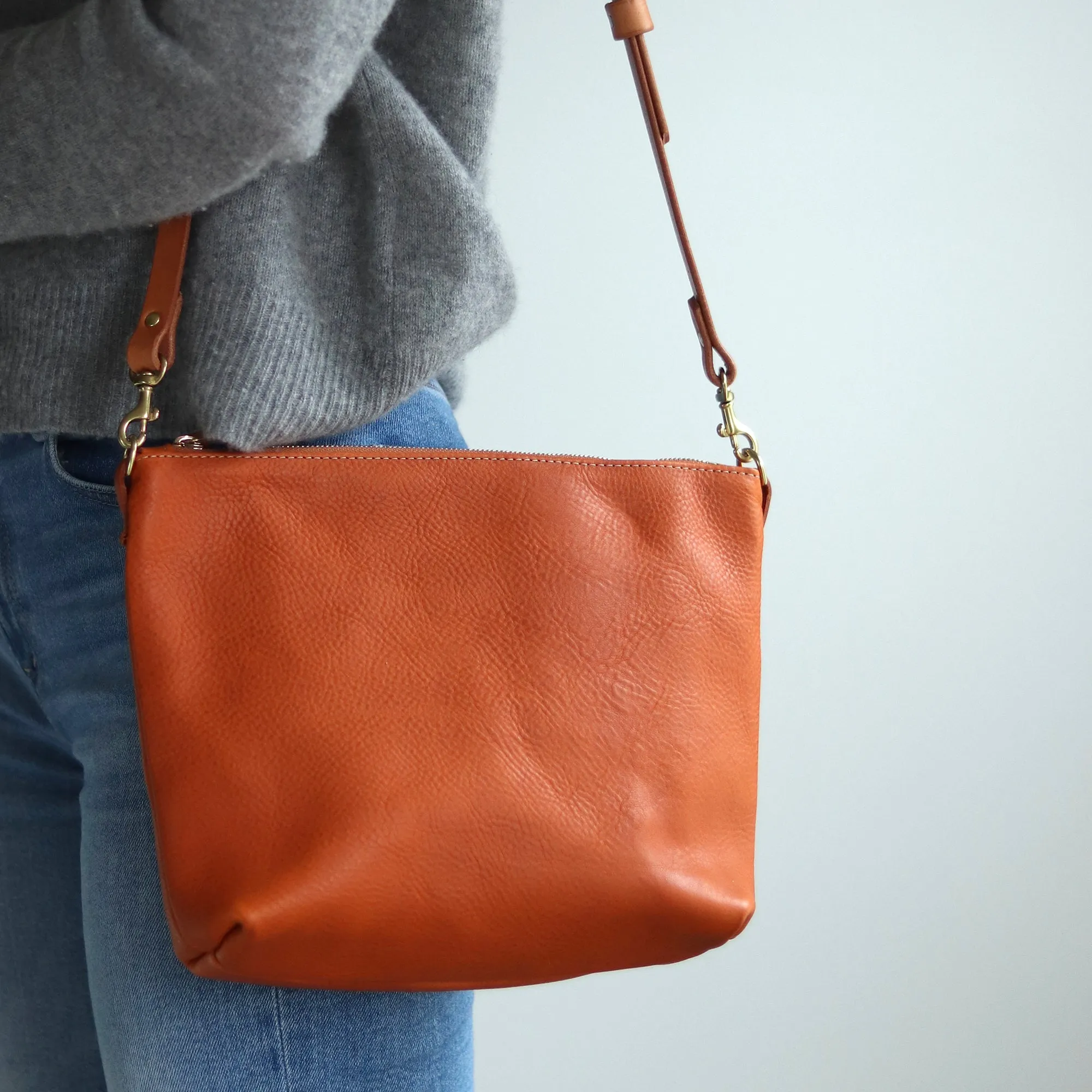 Crossbody Bag with Monogram - Tan Pebble