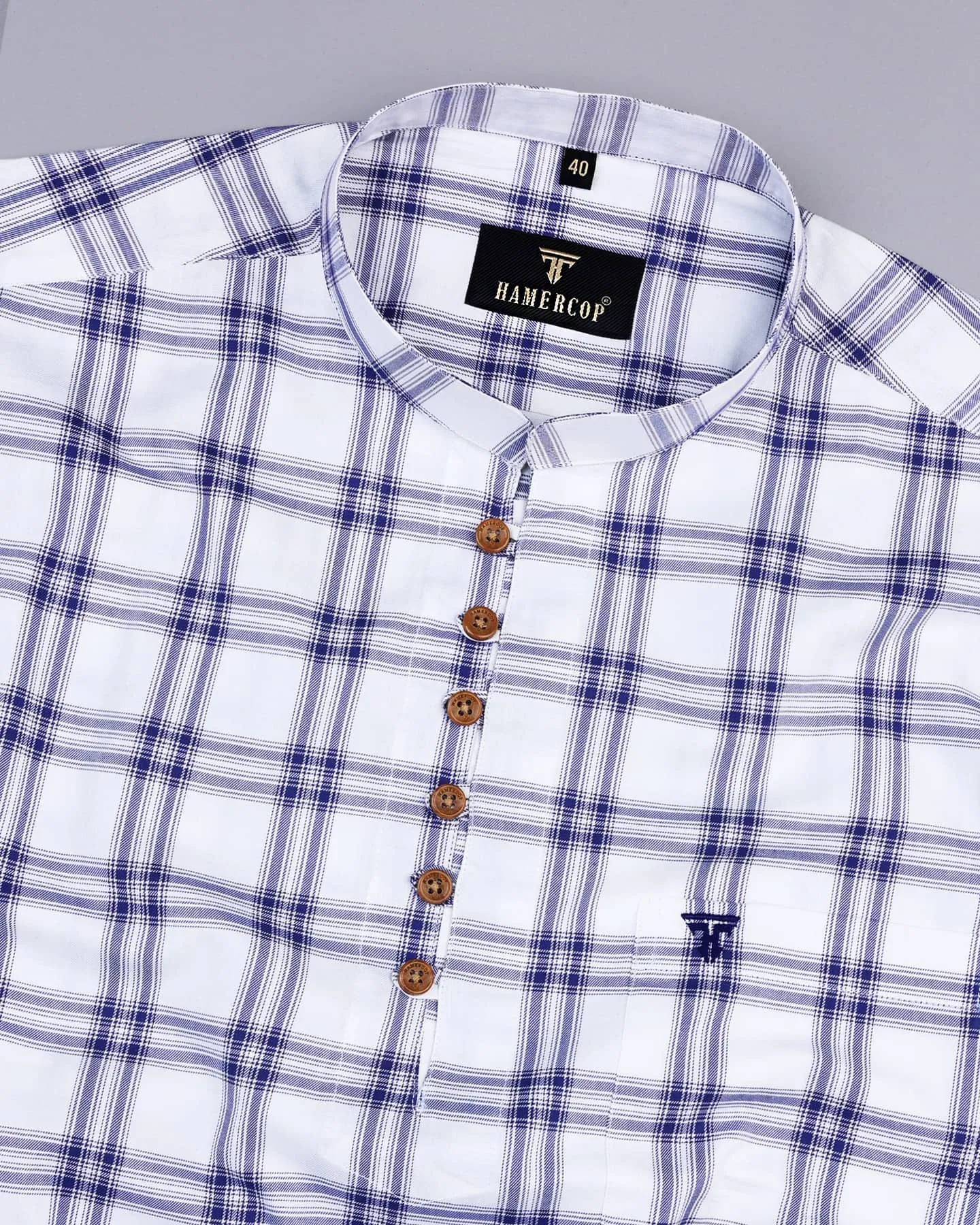 Dexter White With Blue Twill Check Cotton Shirt Style Kurta
