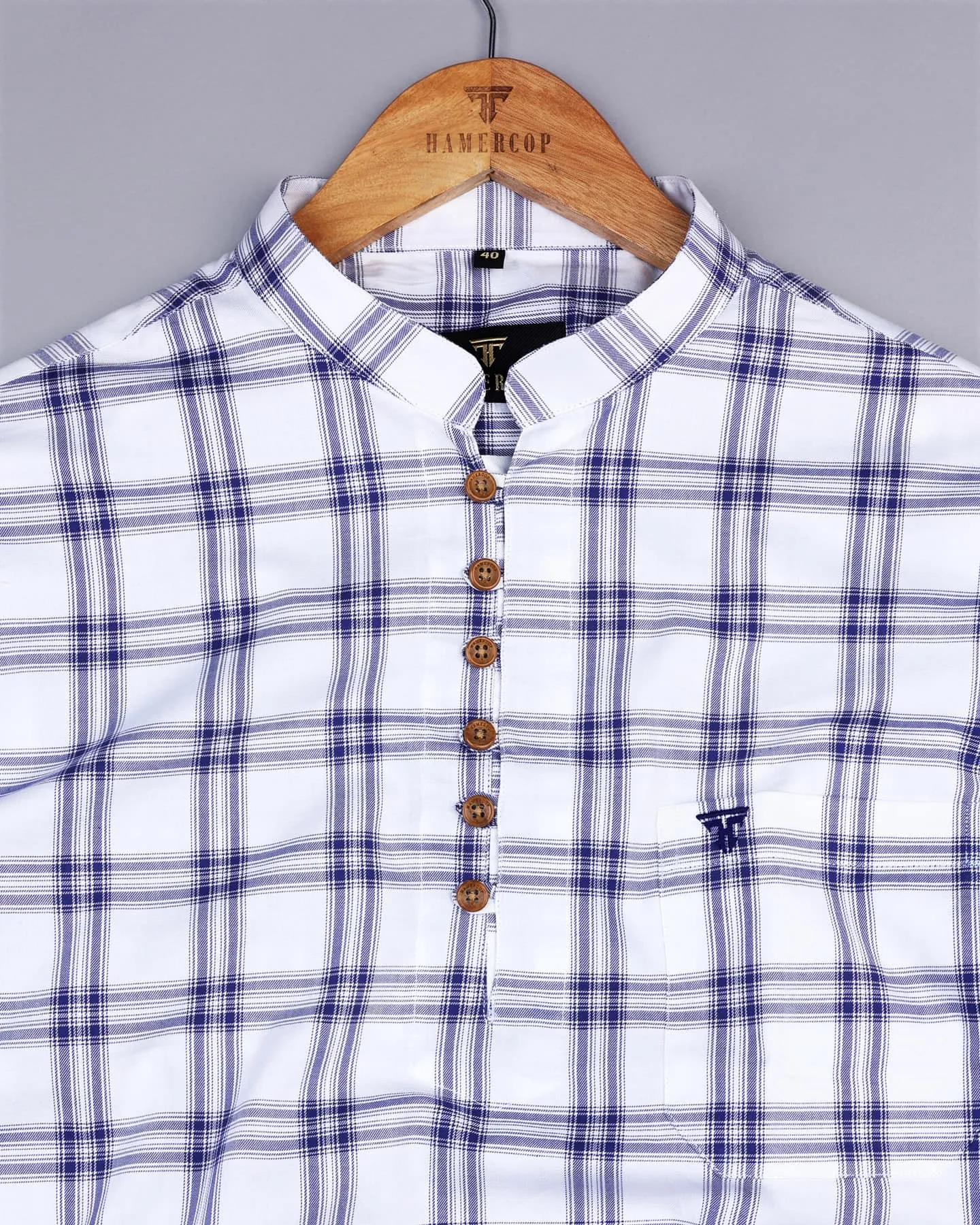 Dexter White With Blue Twill Check Cotton Shirt Style Kurta
