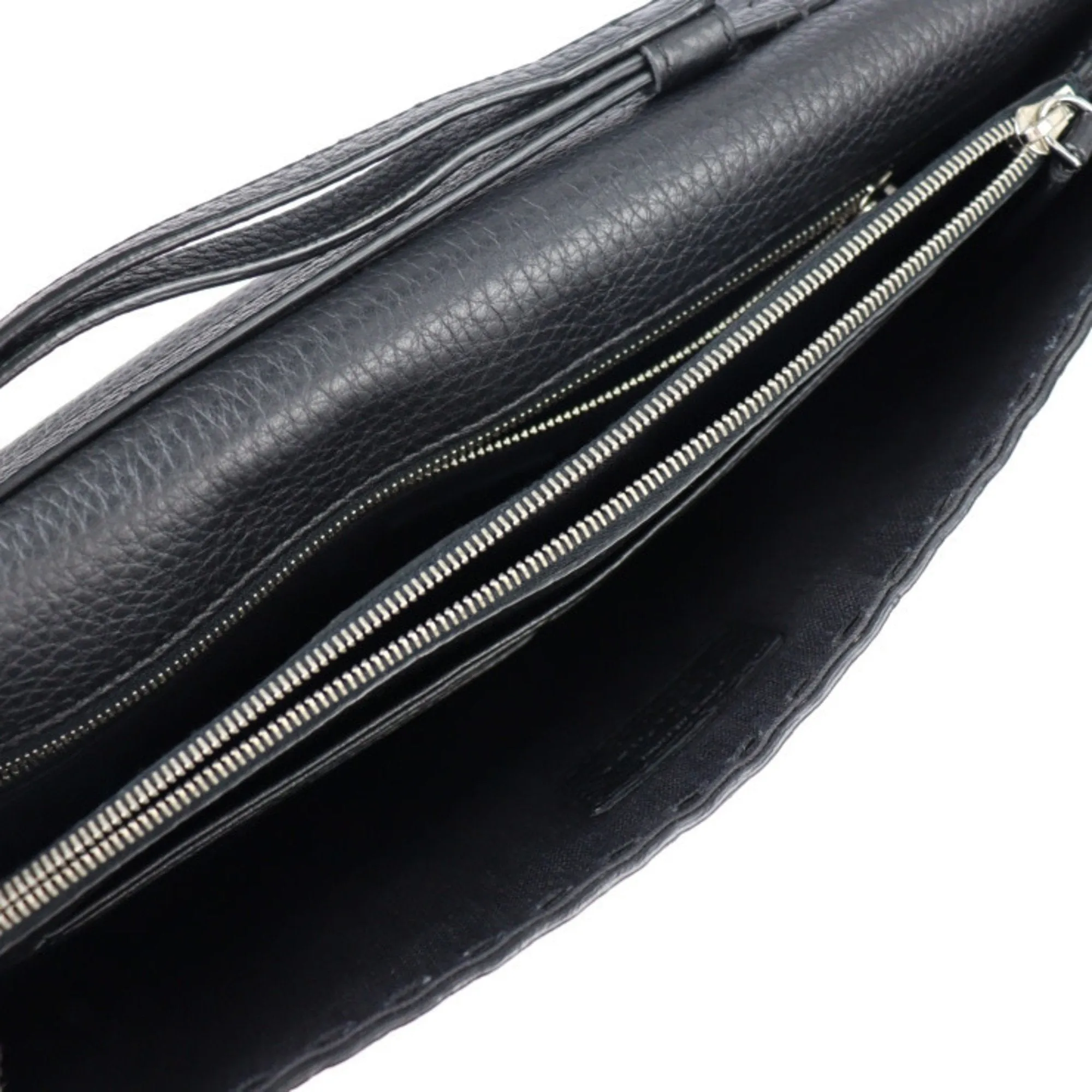 FENDI Selleria Clutch Bag 7VA376 Roman Leather Black Silver Hardware Wristlet Second Pouch