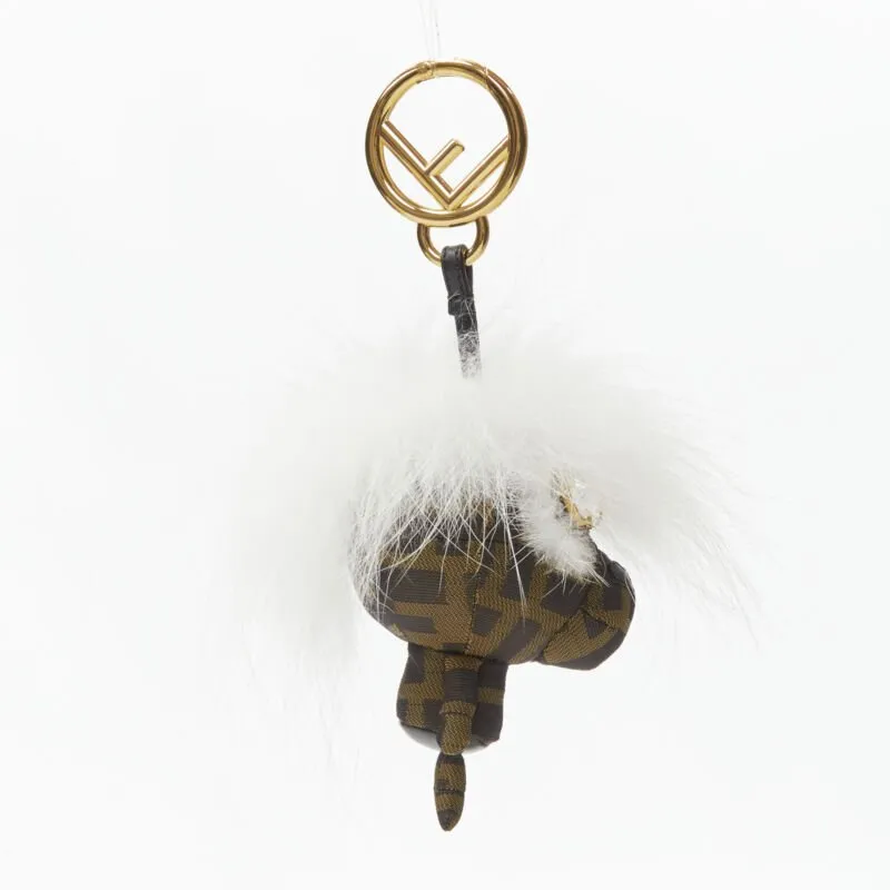 FENDI Space Monkey Zucca FF monogram white fur crystal keyring bag charm