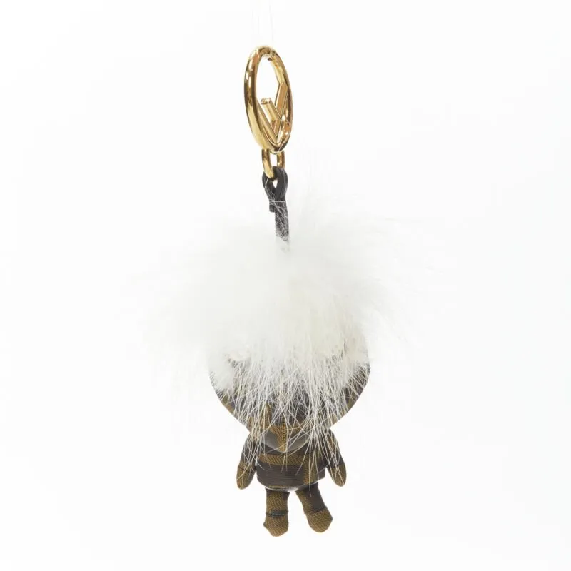 FENDI Space Monkey Zucca FF monogram white fur crystal keyring bag charm
