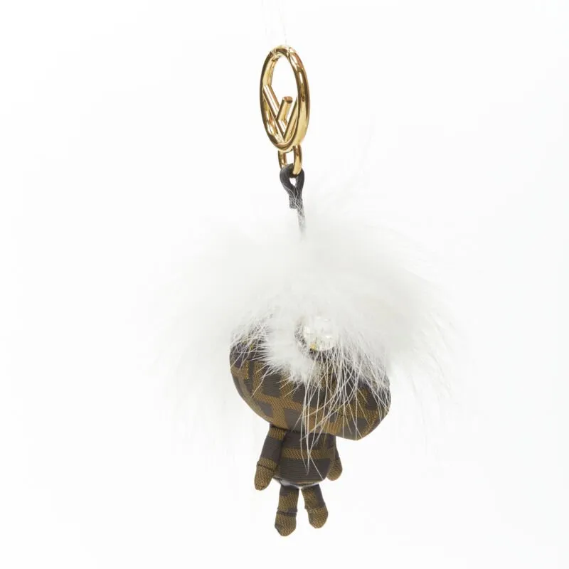 FENDI Space Monkey Zucca FF monogram white fur crystal keyring bag charm