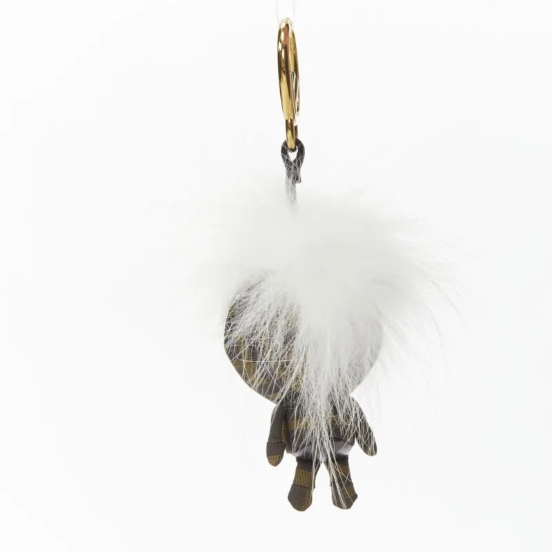 FENDI Space Monkey Zucca FF monogram white fur crystal keyring bag charm