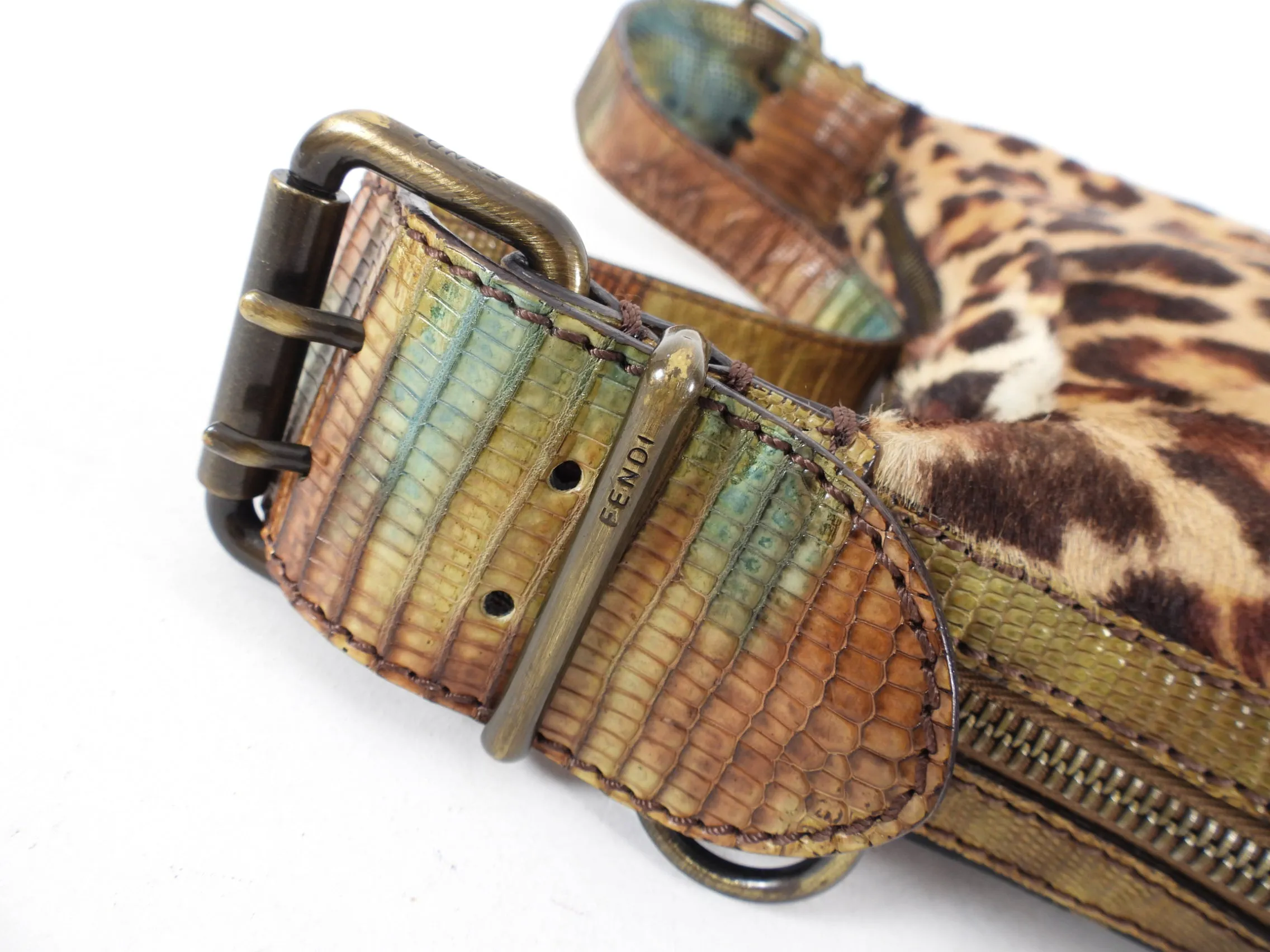 Fendi Vintage Early 2000’s Leopard Calf Hair and Zucca Oyster Bag