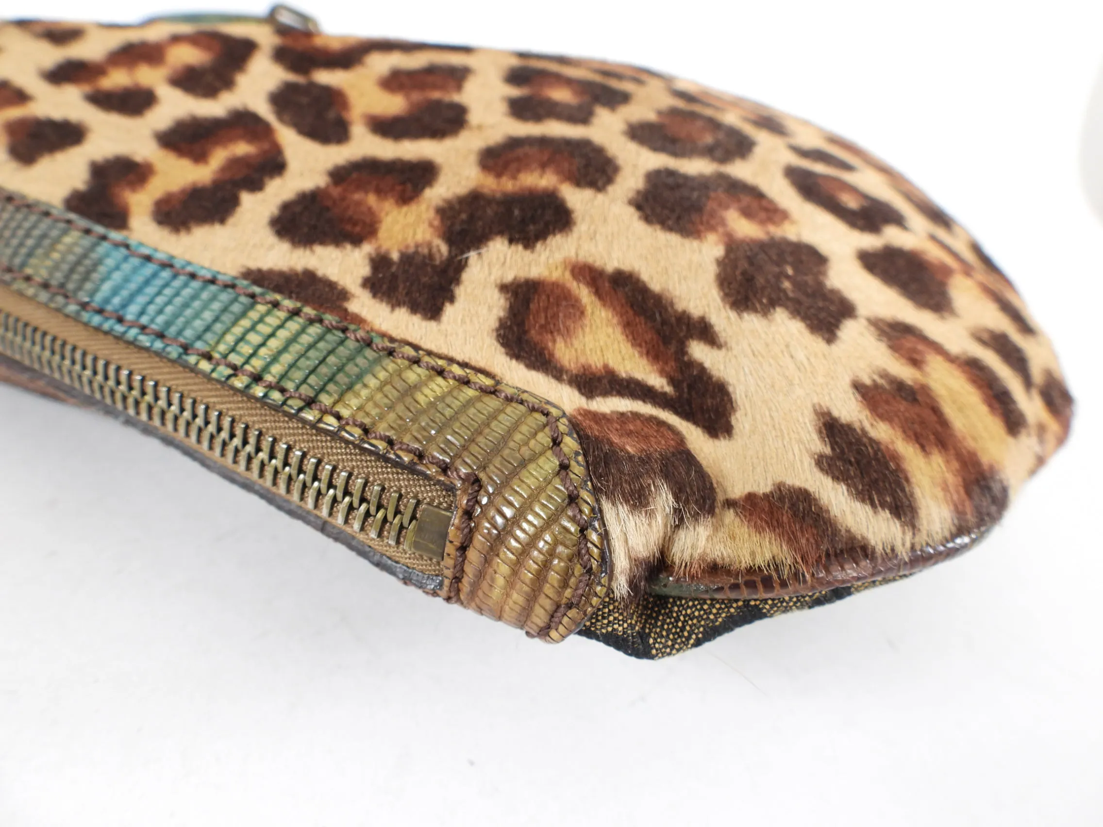 Fendi Vintage Early 2000’s Leopard Calf Hair and Zucca Oyster Bag