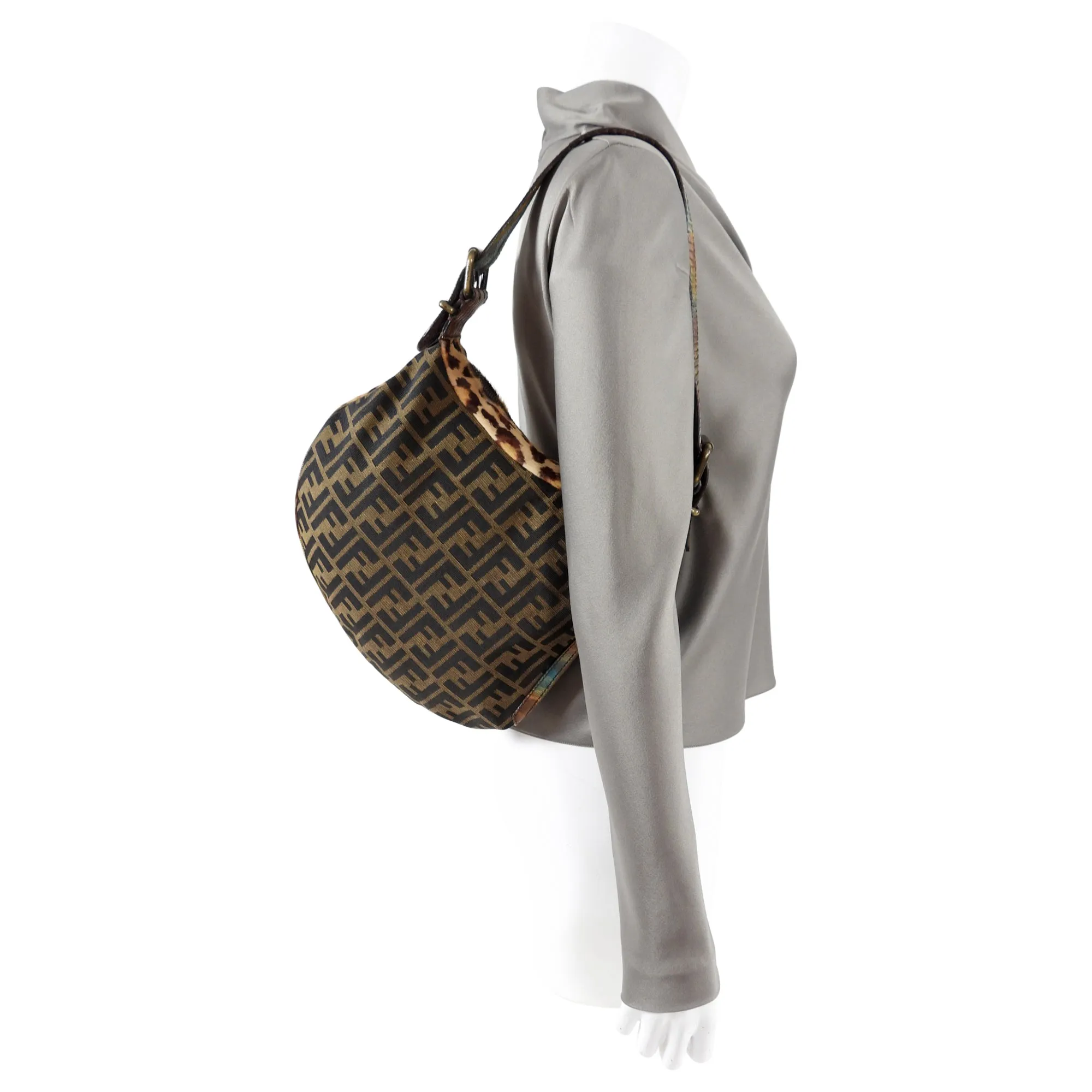Fendi Vintage Early 2000’s Leopard Calf Hair and Zucca Oyster Bag