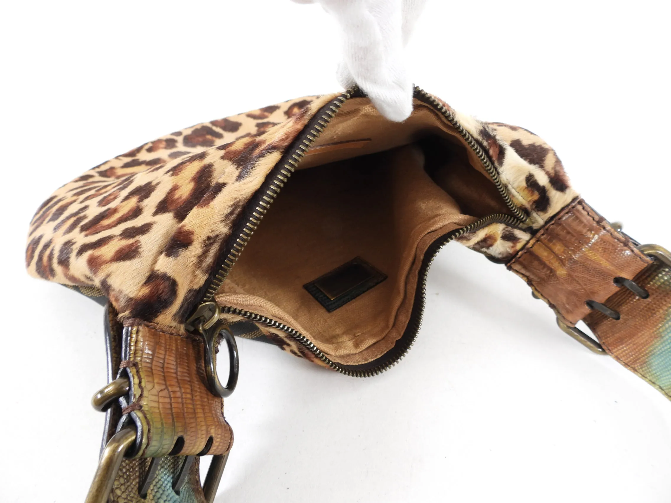 Fendi Vintage Early 2000’s Leopard Calf Hair and Zucca Oyster Bag