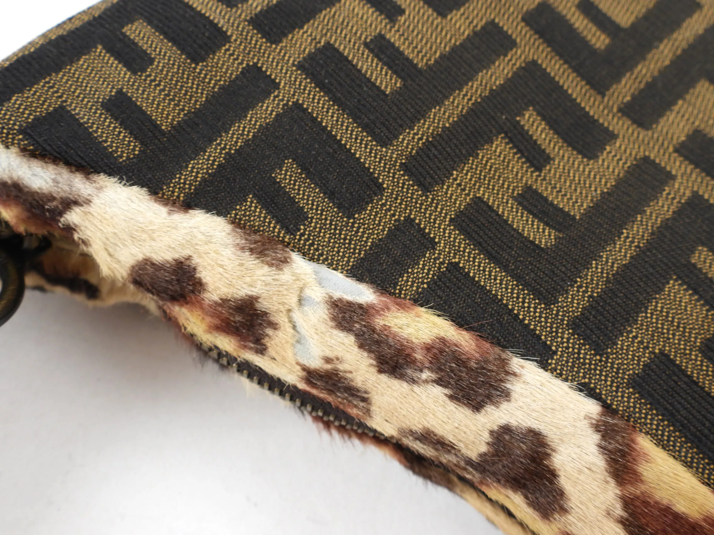 Fendi Vintage Early 2000’s Leopard Calf Hair and Zucca Oyster Bag