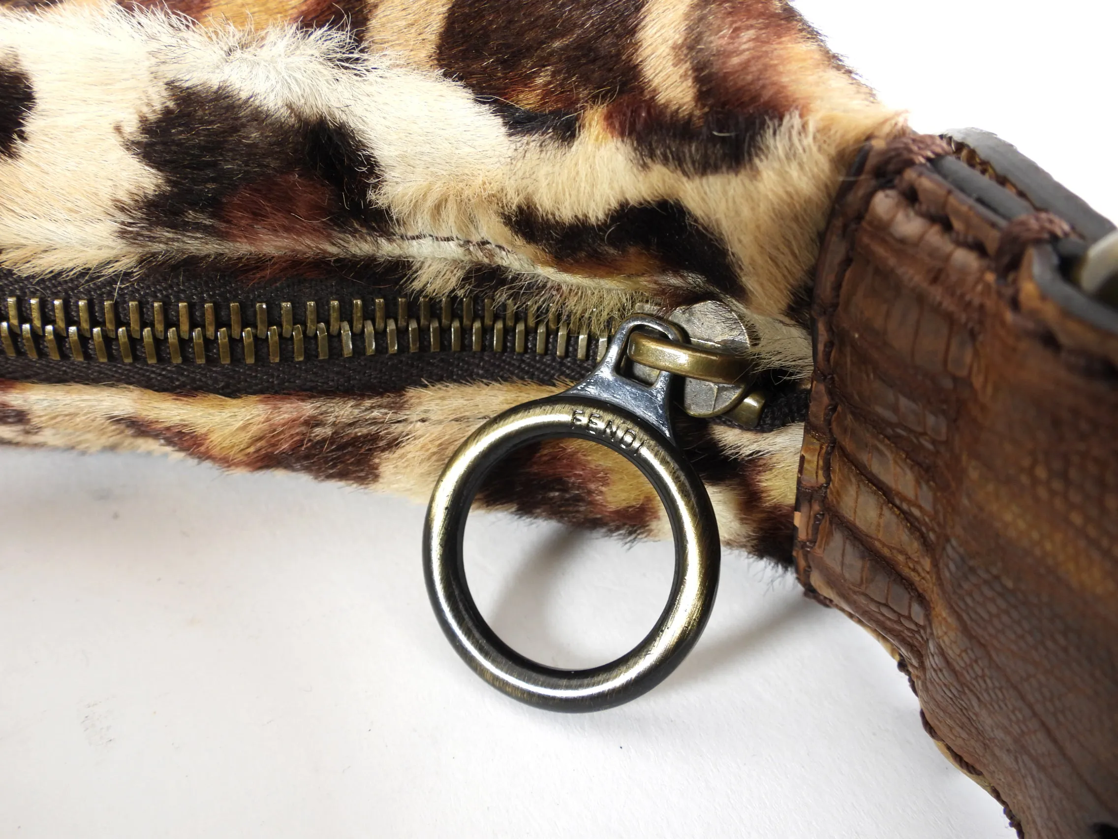 Fendi Vintage Early 2000’s Leopard Calf Hair and Zucca Oyster Bag