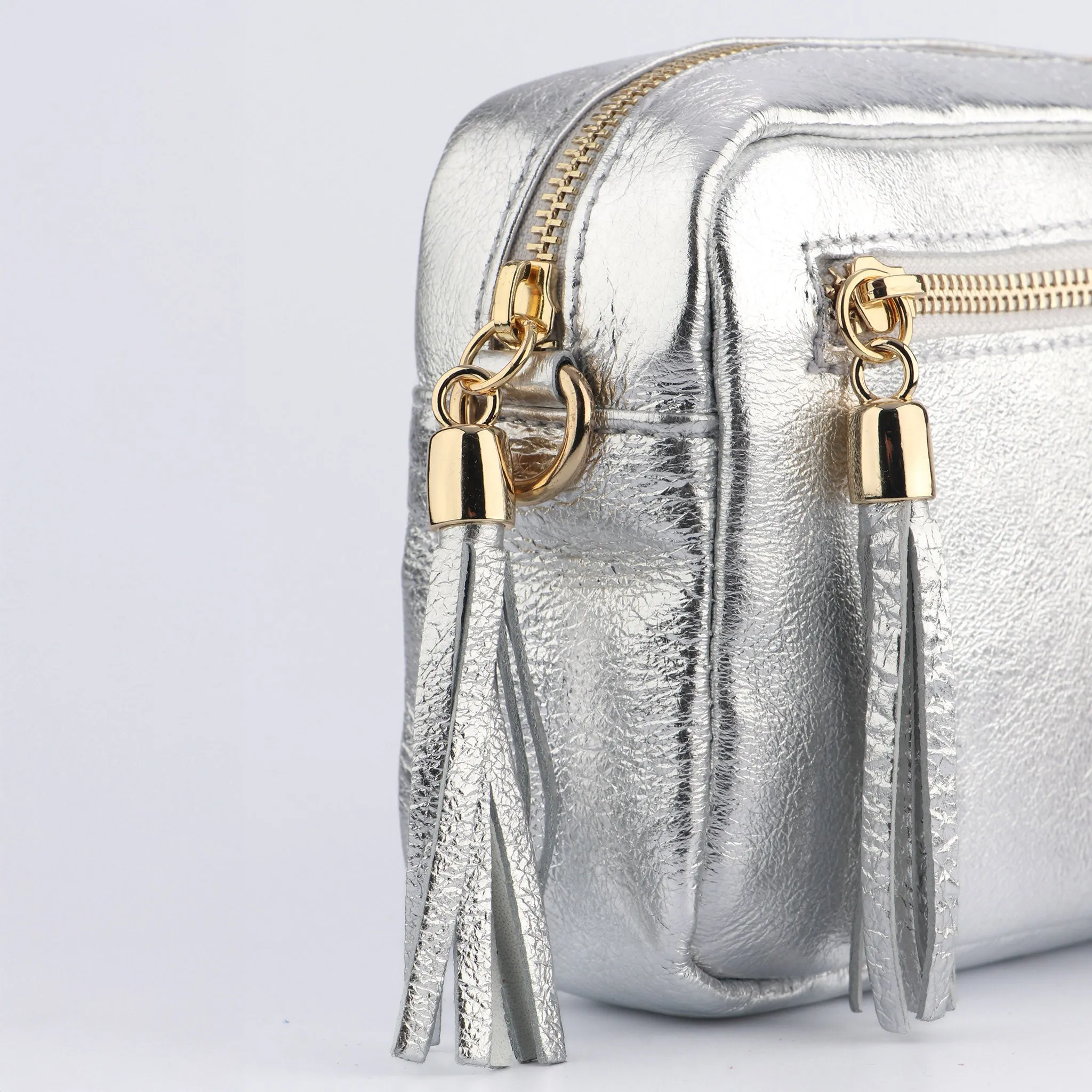 Fleur Italian Leather Crossbody Bag - Silver, Metallic