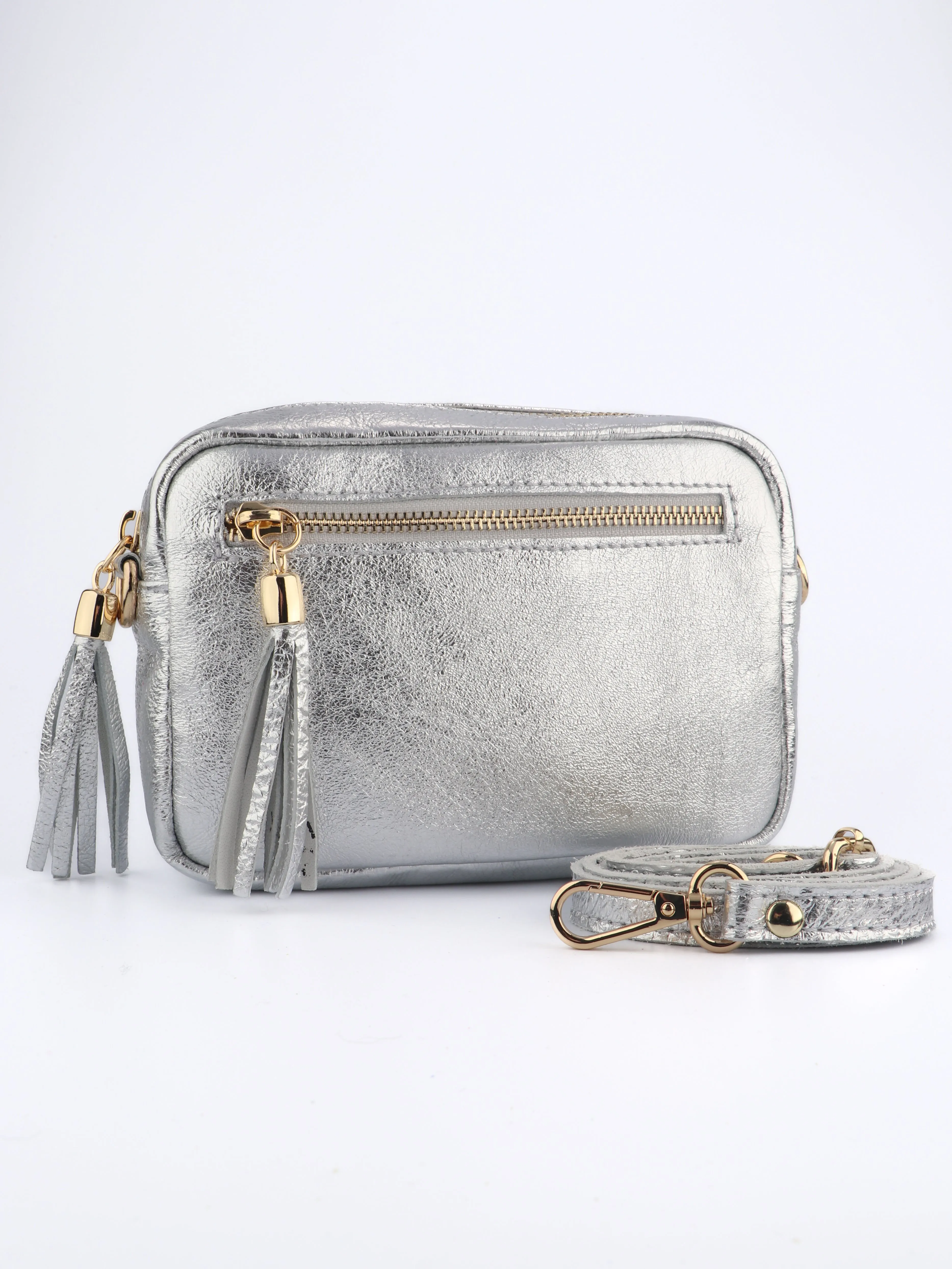 Fleur Italian Leather Crossbody Bag - Silver, Metallic