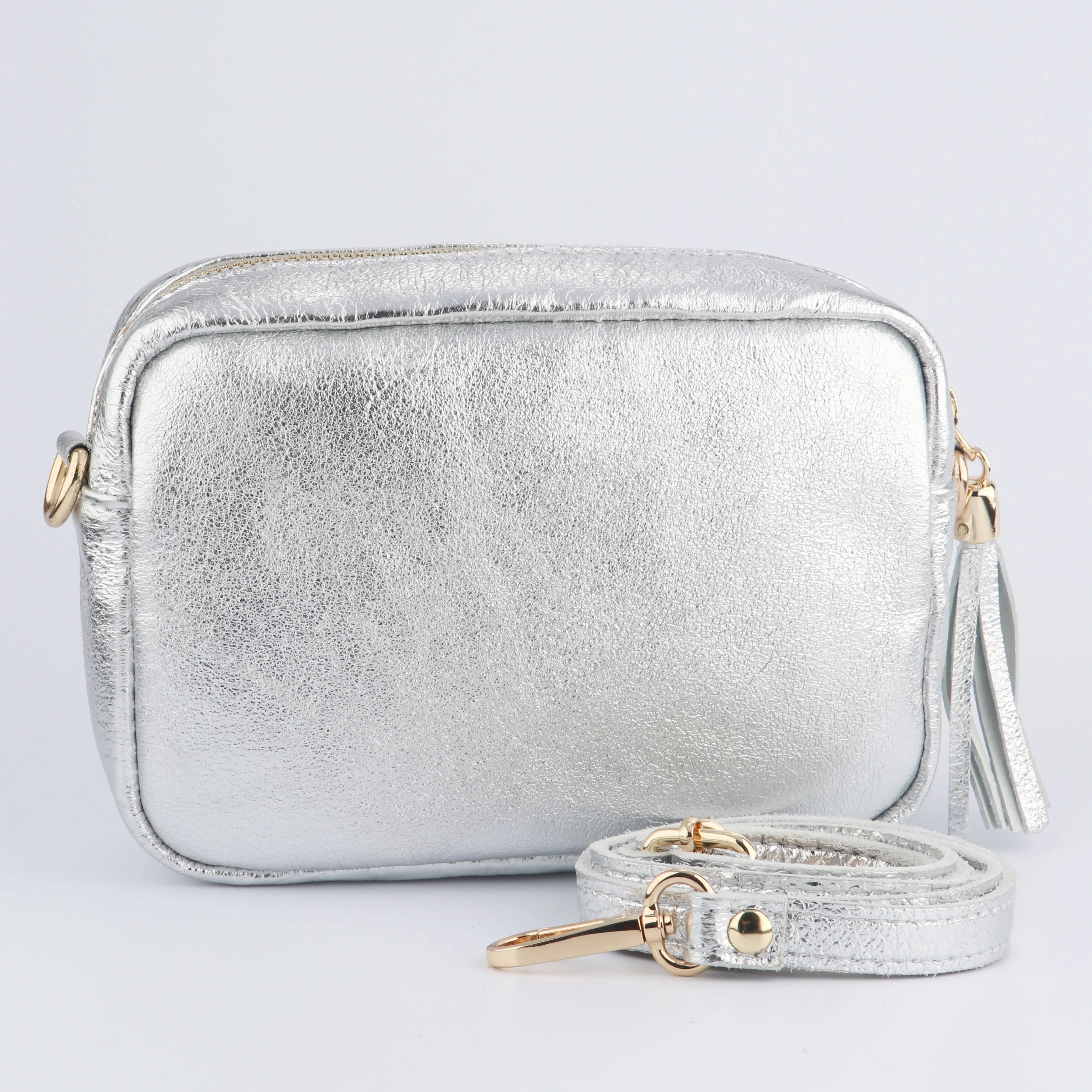 Fleur Italian Leather Crossbody Bag - Silver, Metallic