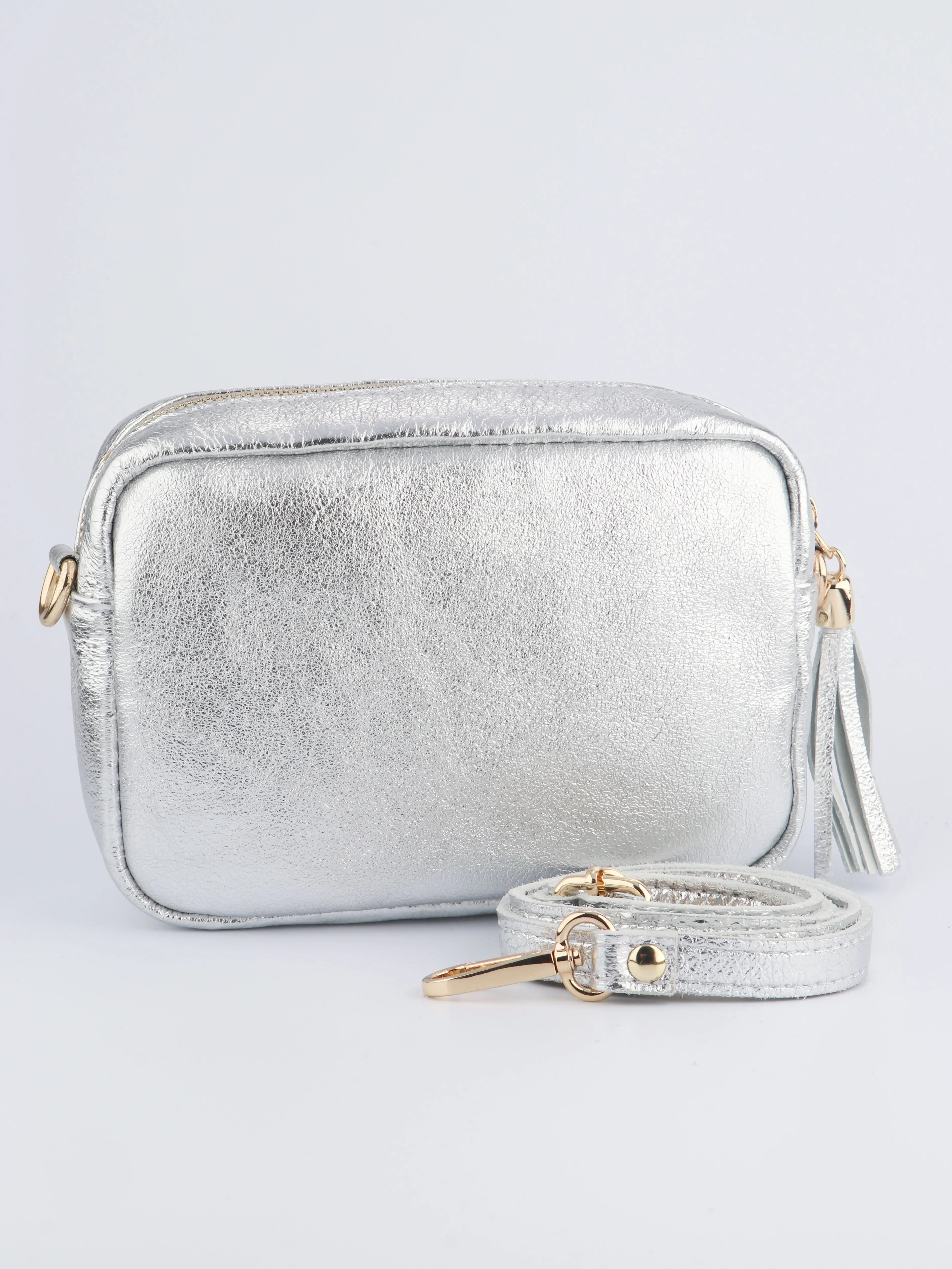 Fleur Italian Leather Crossbody Bag - Silver, Metallic