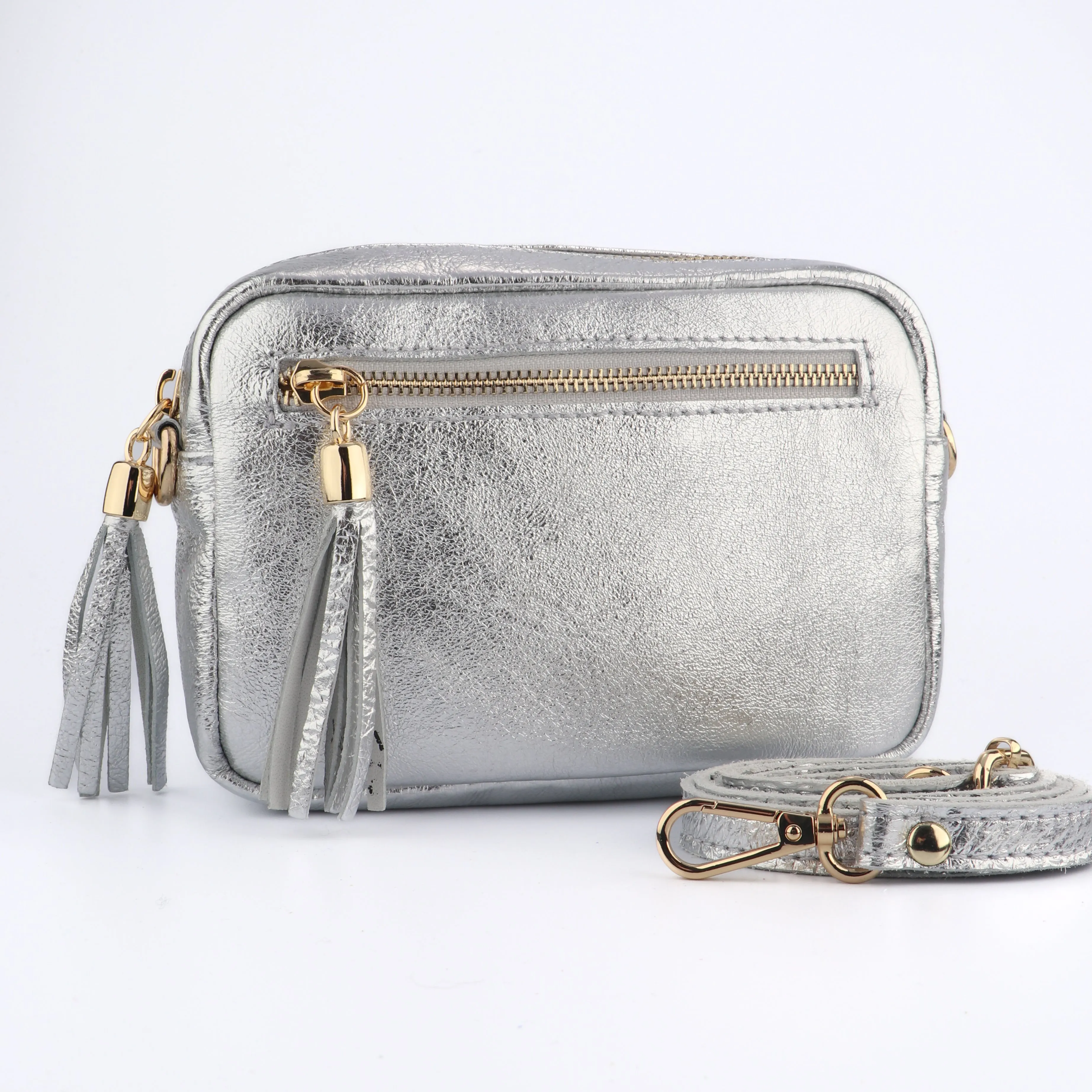 Fleur Italian Leather Crossbody Bag - Silver, Metallic