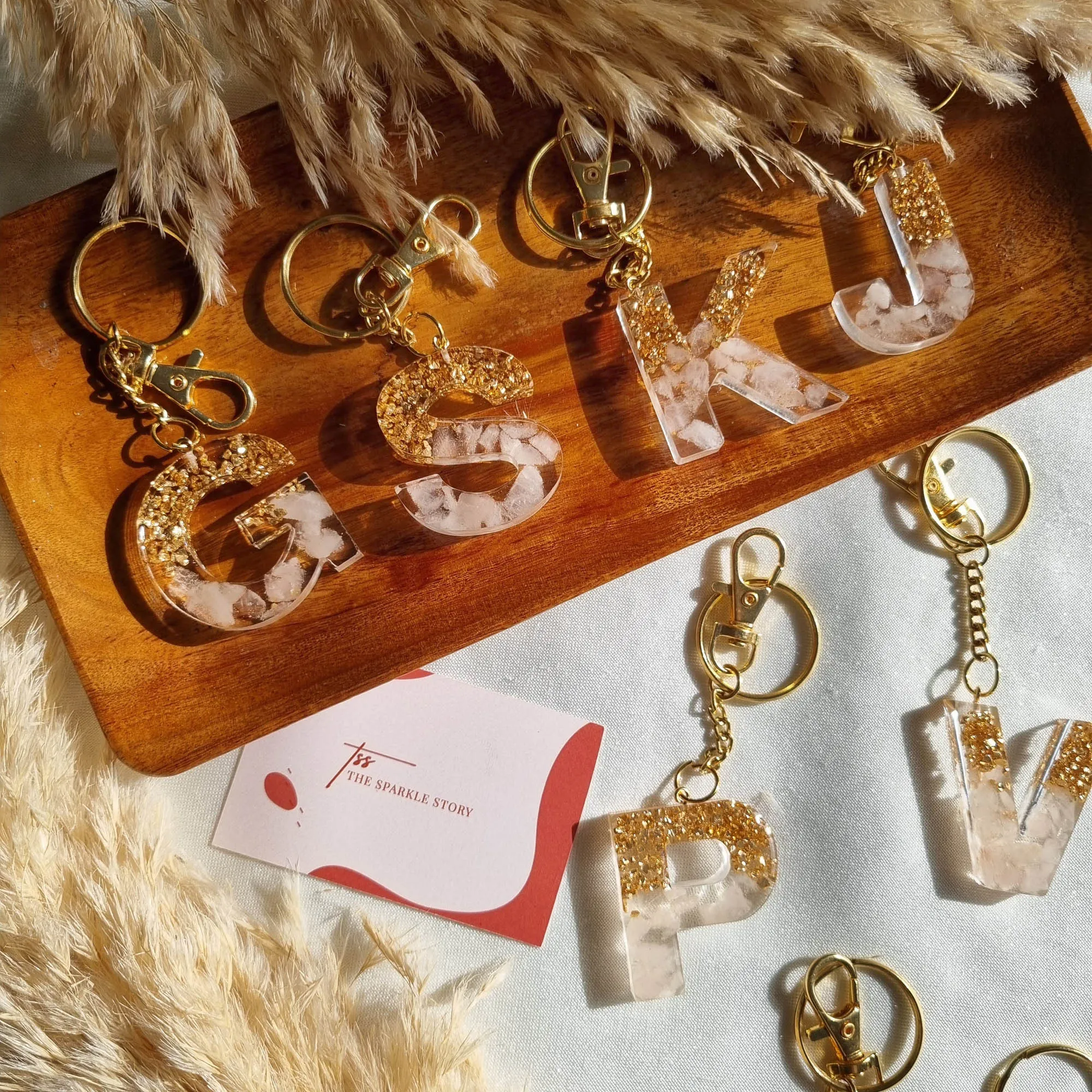 Glitter Initial Resin Keychain - White and Gold