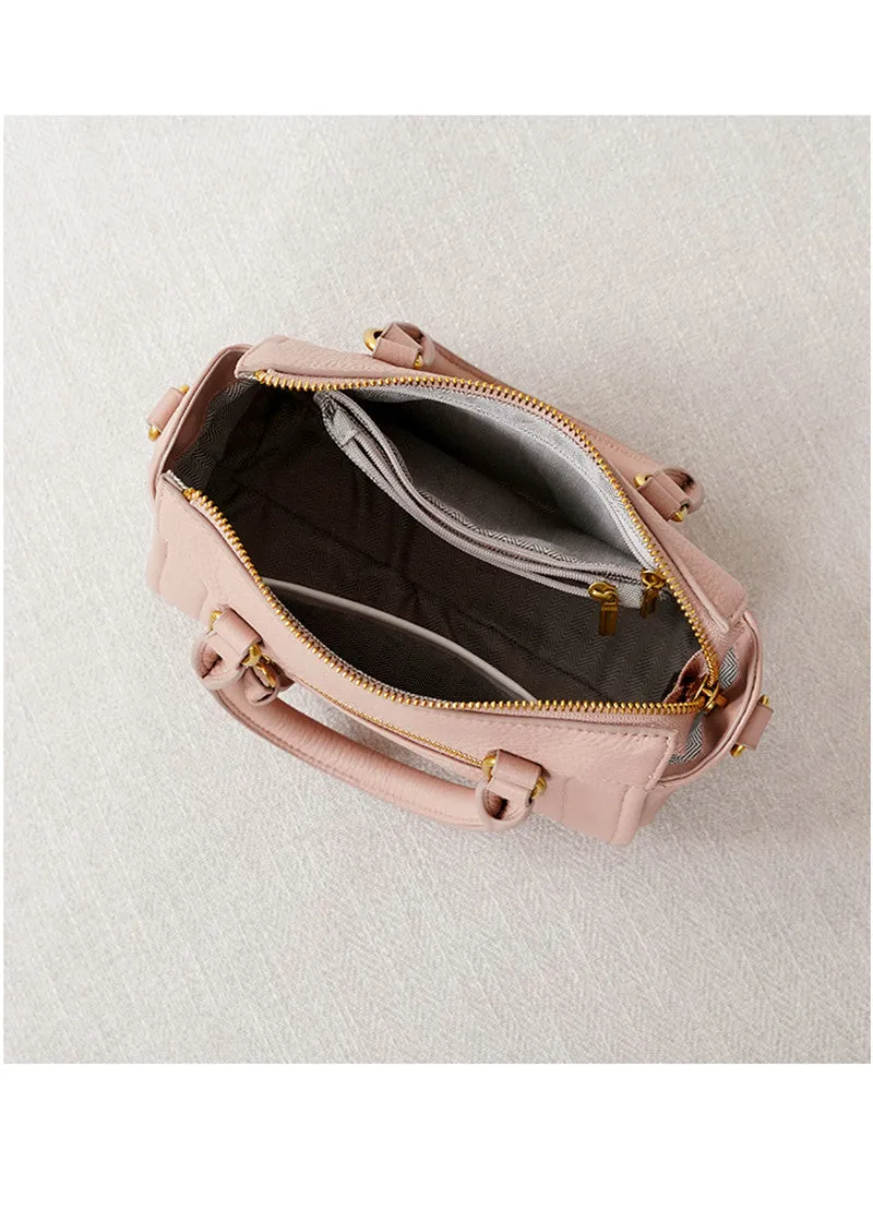 Grained Leather Top Handle Compact Tote Shoulder Bag
