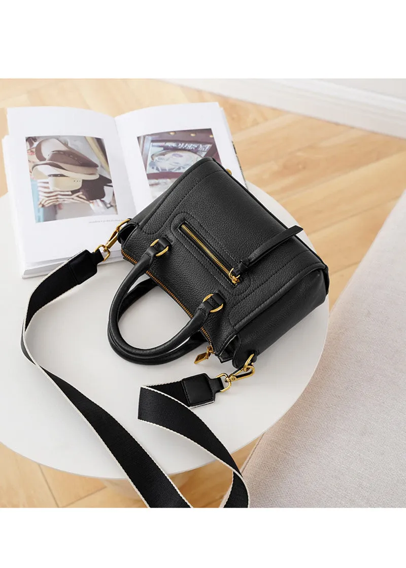 Grained Leather Top Handle Compact Tote Shoulder Bag