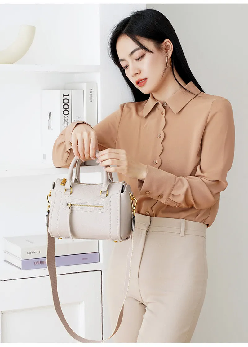 Grained Leather Top Handle Compact Tote Shoulder Bag