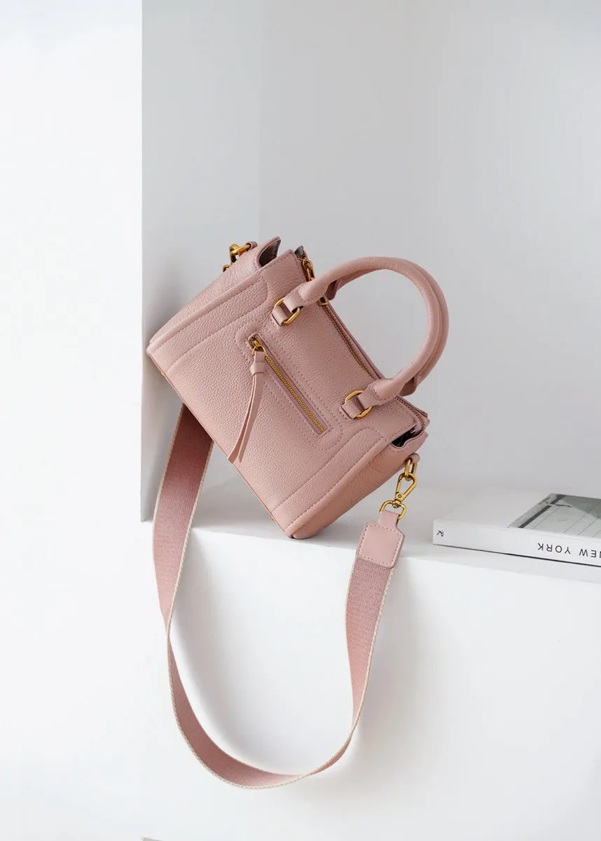 Grained Leather Top Handle Compact Tote Shoulder Bag