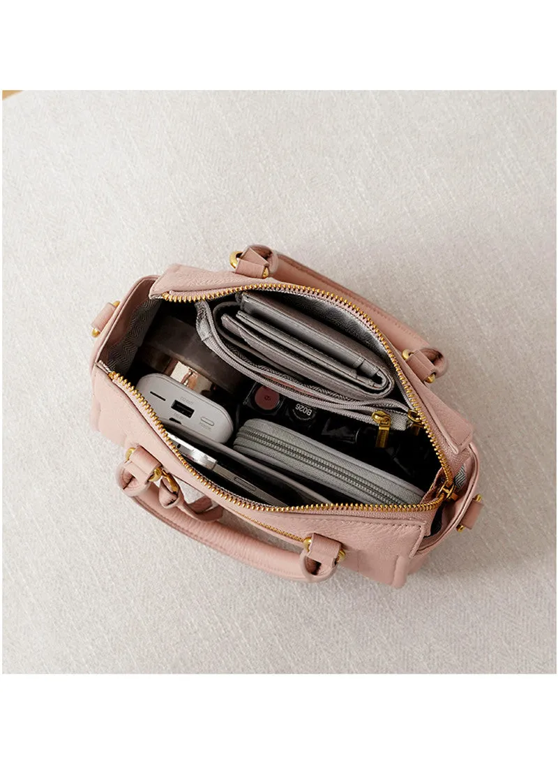 Grained Leather Top Handle Compact Tote Shoulder Bag