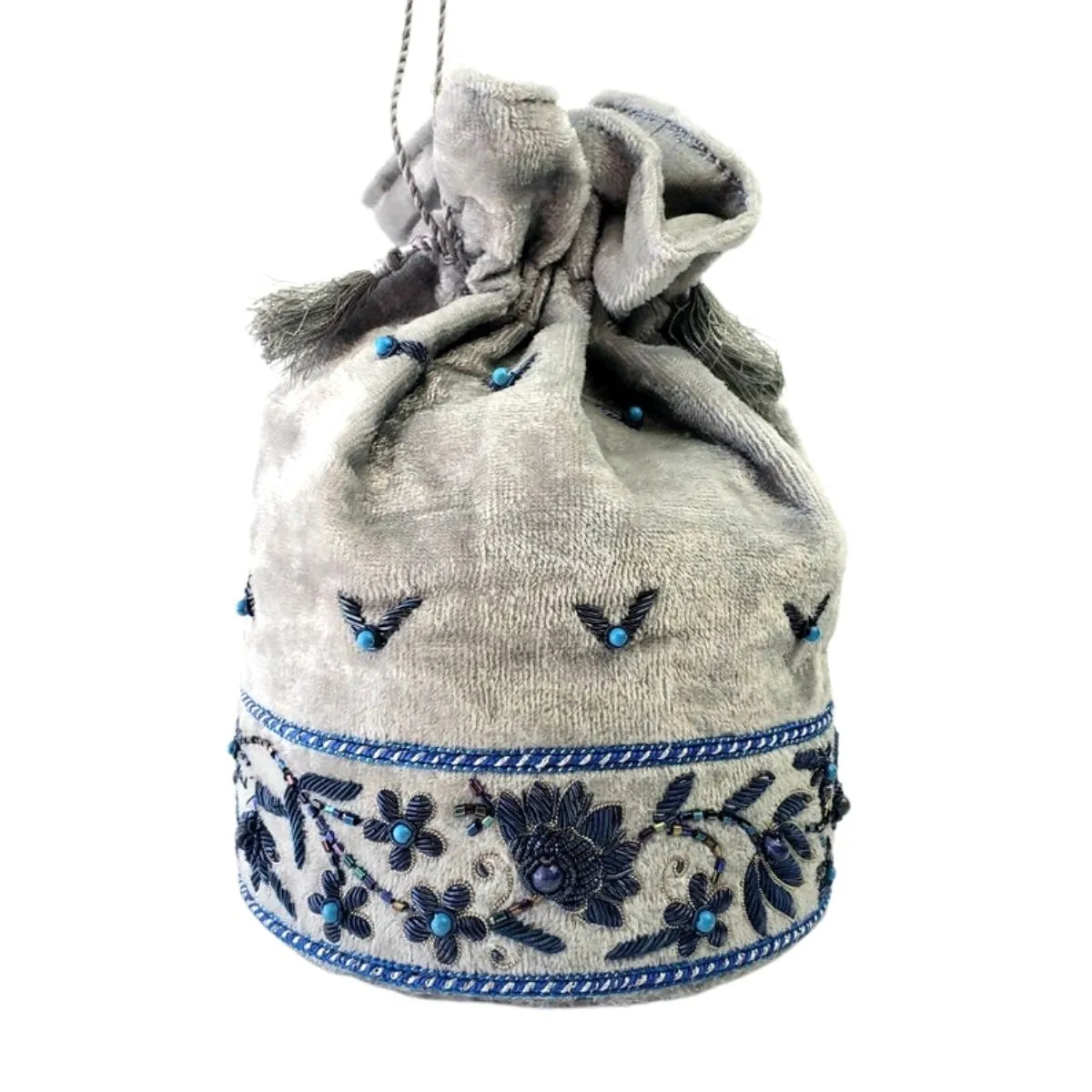 Gray Velvet and Blue Bucket Bag