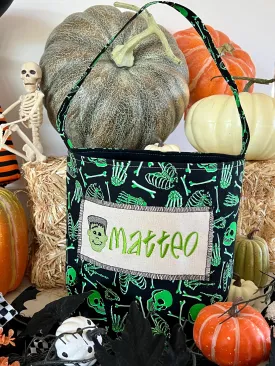 Green Skeleton Trick or Treat Bag, Custom Halloween Bucket