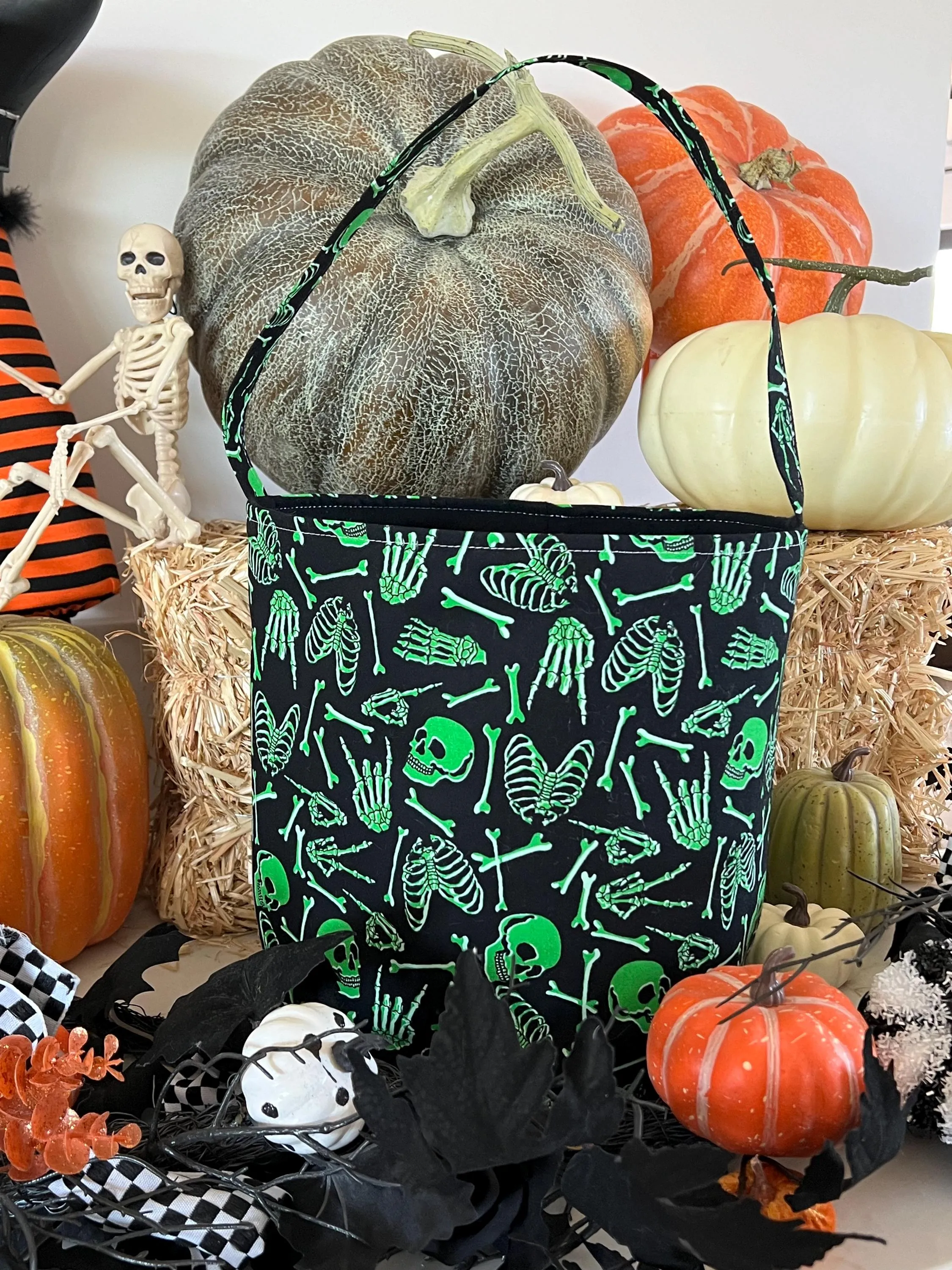 Green Skeleton Trick or Treat Bag, Custom Halloween Bucket