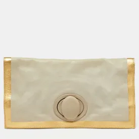 Grey/Gold Leather Twist Lock Flap Clutch
