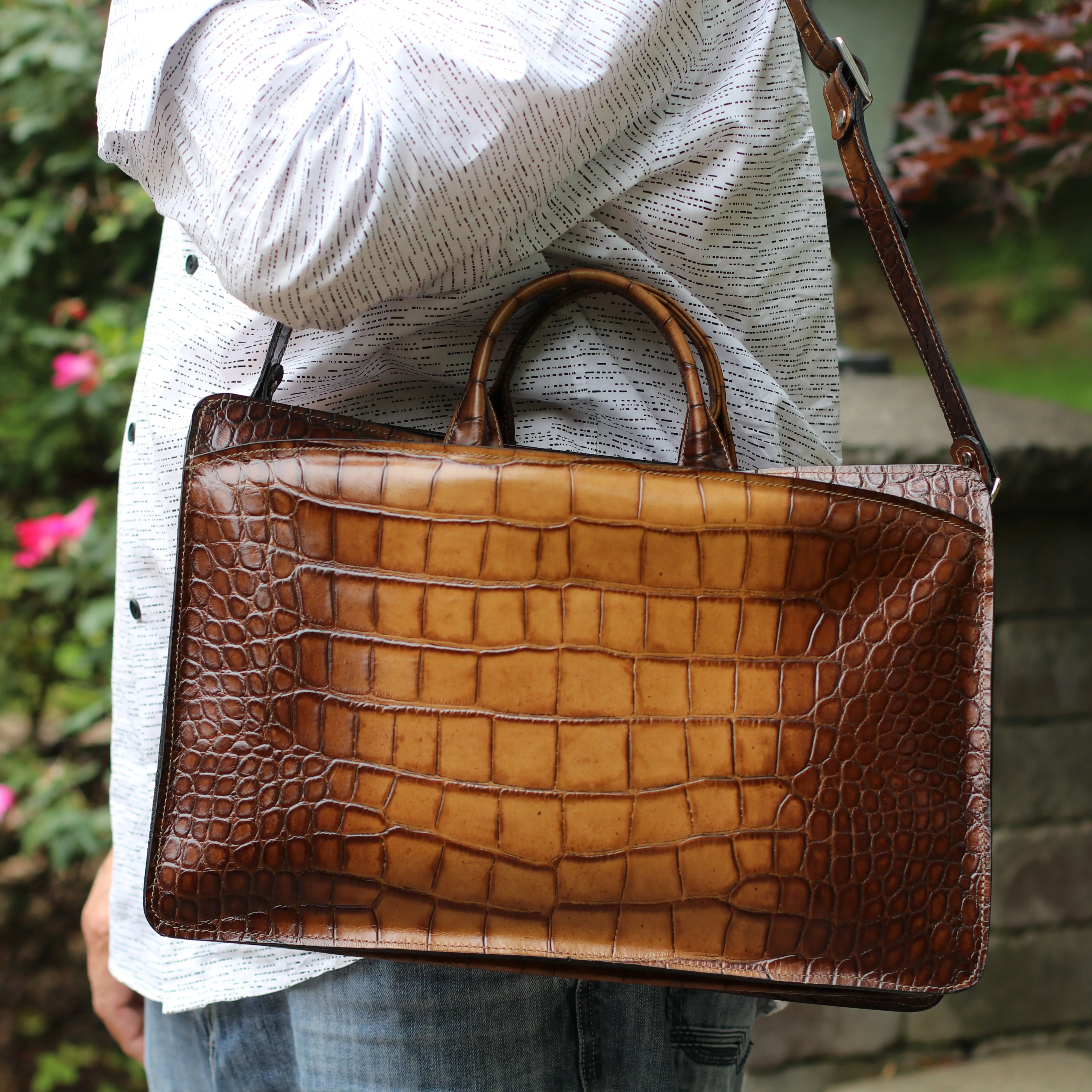 Hand Brushed Croco Double Gusset Top Zip Briefcase #K202
