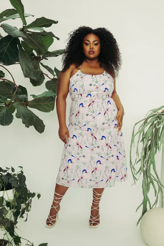 Hilary MacMillan Lace Up Back Oiseau Midi Dress