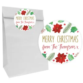 Holly & Poinsettia Christmas Paper Party Bags with Personalised Round Stickers - Pack of 12