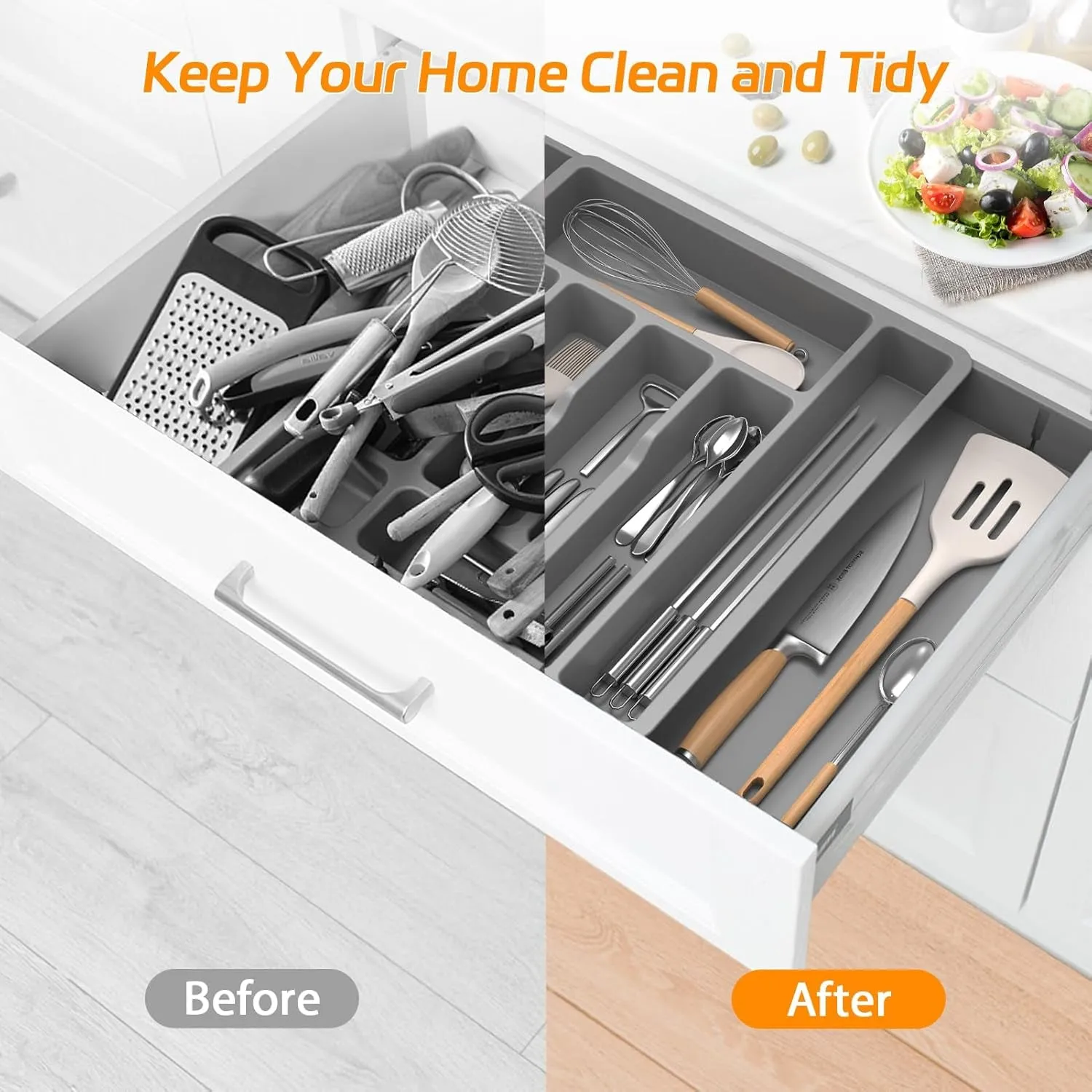 Idavosic.Ly Silverware Drawer Organizer, Expandable Utensil Tray for Kitchen Drawers, Adjustable Plastic Cutlery Flatware Holder for Knife Fork Spoon with 8-10 Compartments (Large, Gray)