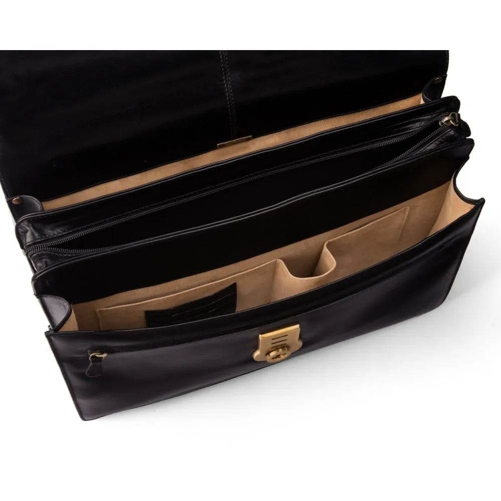 Large Leather Hatton Briefcase With Solid Brass Lock - Black