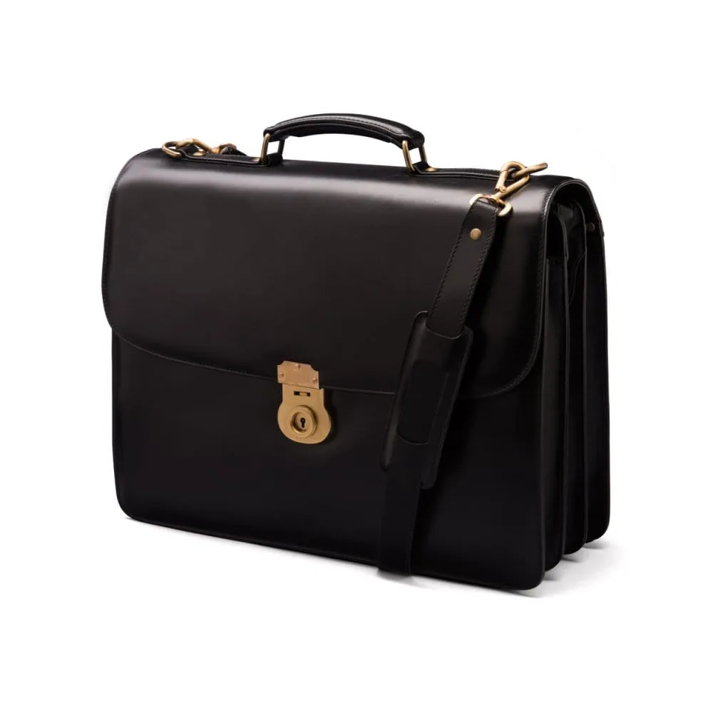 Large Leather Hatton Briefcase With Solid Brass Lock - Black