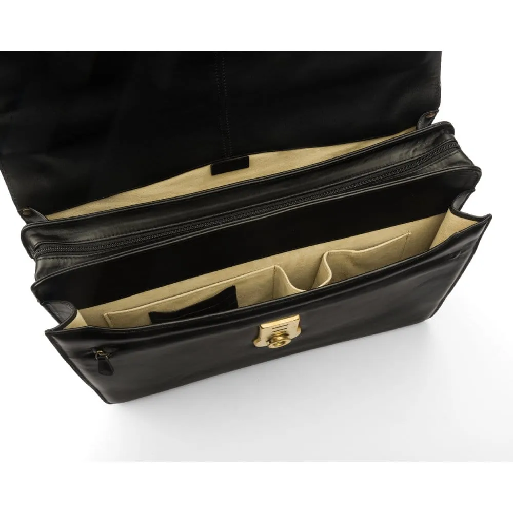 Large Leather Hatton Briefcase With Solid Brass Lock - Black