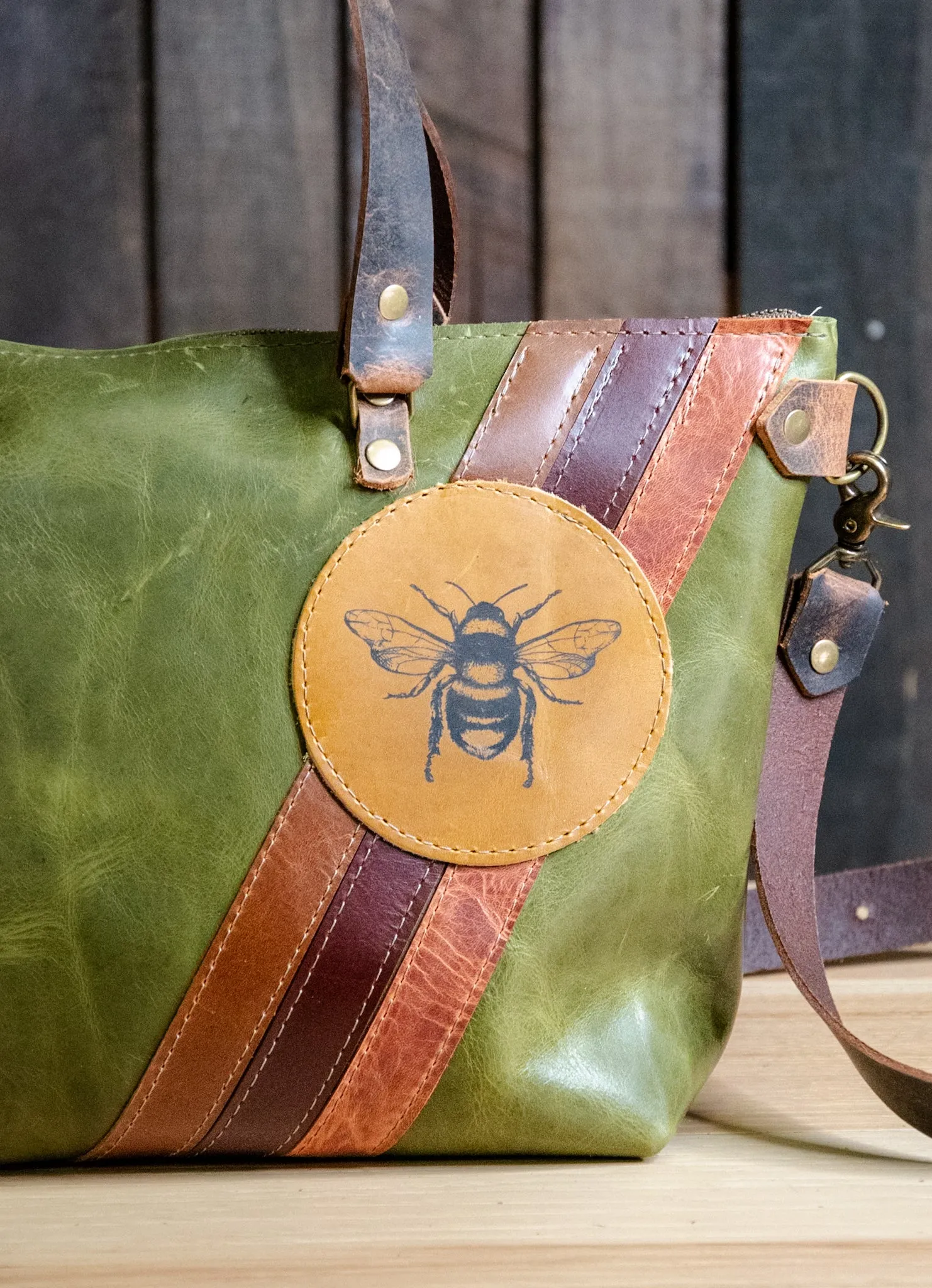 LIMITED-RUN | Handmade Leather Purse |The Striped Eco-Friendly BEE Bowler Bag | Moss Green