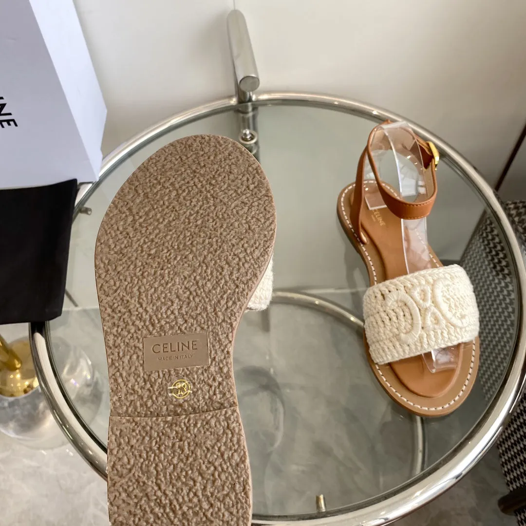 LYMPIA SANDAL IN WHITE TRIOMPHE MACCRAMÉ COTTON AND TAN CALFSKIN