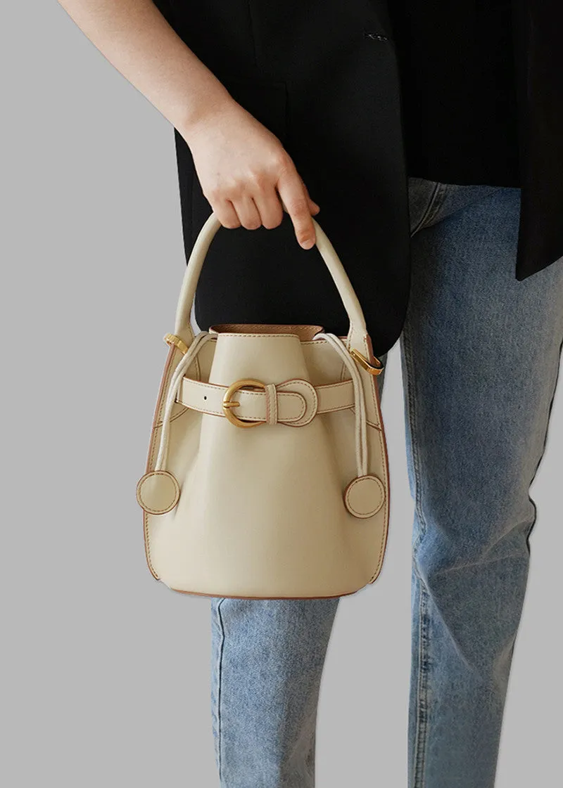 Metal Belt Buckle Cowhide Leather Bucket Bag