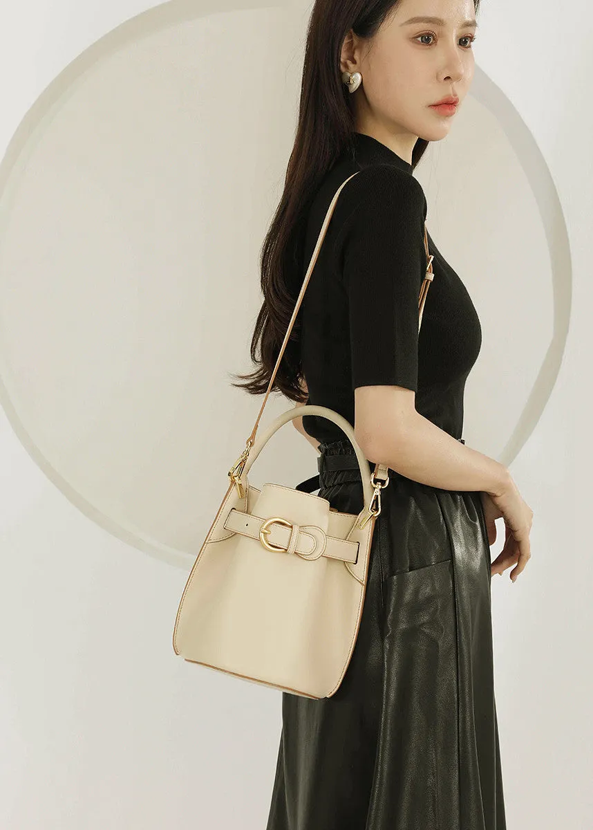 Metal Belt Buckle Cowhide Leather Bucket Bag