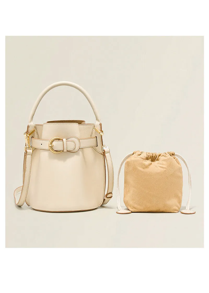 Metal Belt Buckle Cowhide Leather Bucket Bag