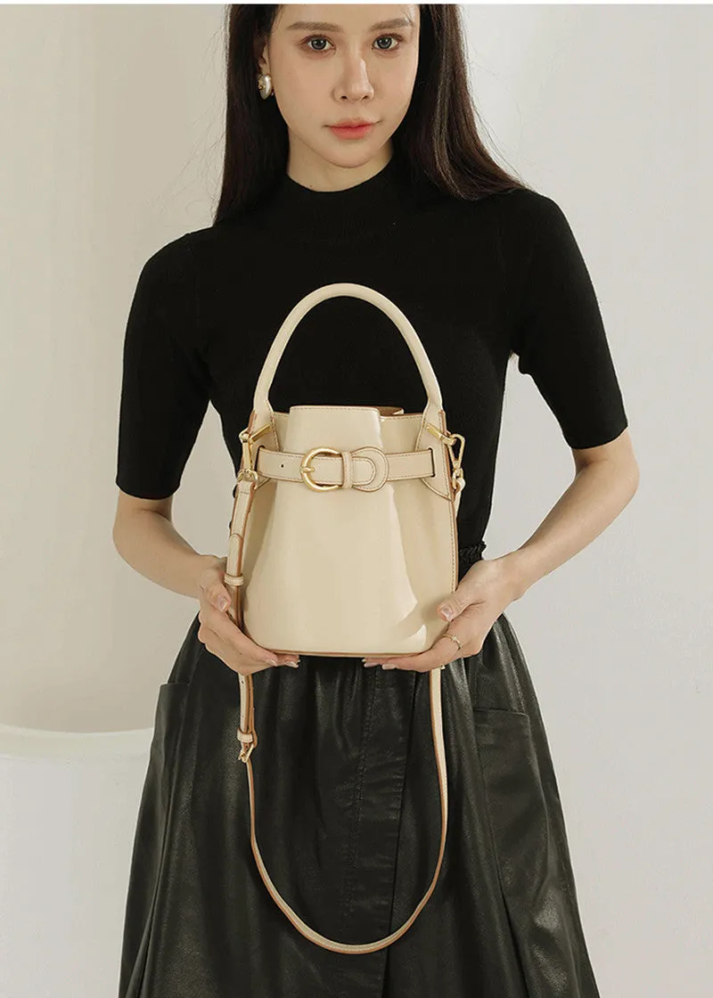 Metal Belt Buckle Cowhide Leather Bucket Bag