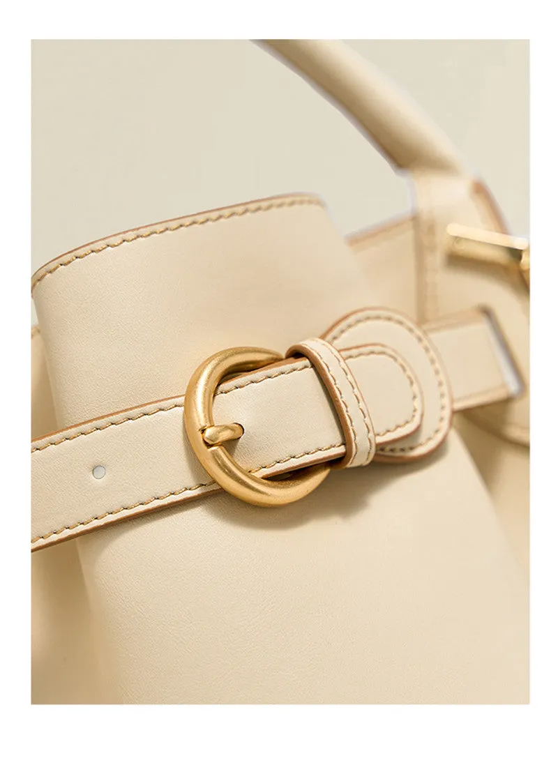 Metal Belt Buckle Cowhide Leather Bucket Bag